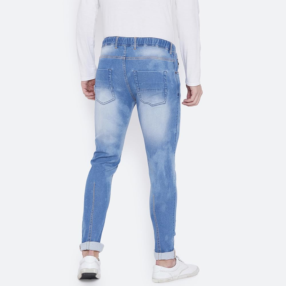 PERF Men's Faded Slim Jogger Jeans with Whiskering, Stretchable Lycra Denim, Dark Black