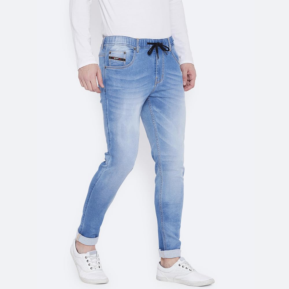 PERF Men's Faded Slim Jogger Jeans with Whiskering, Stretchable Lycra Denim, Dark Black