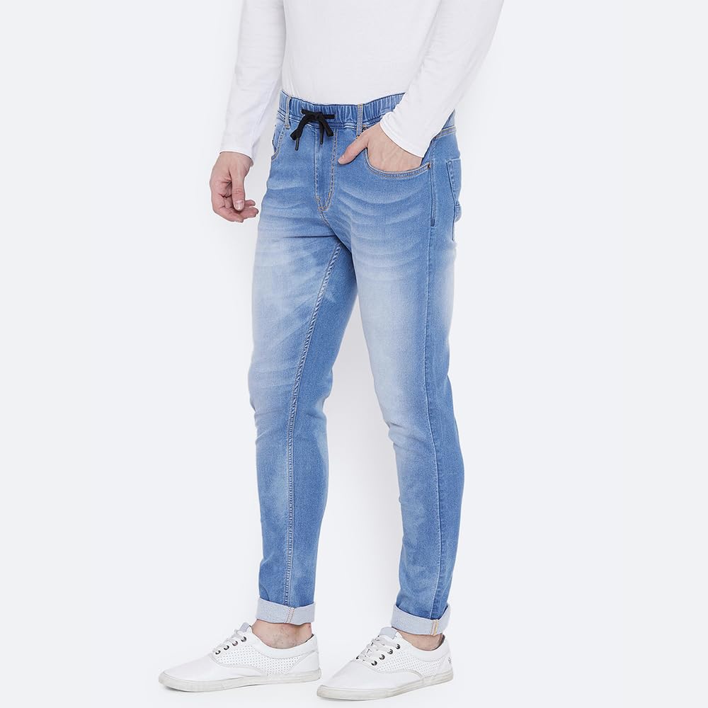 PERF Men's Faded Slim Jogger Jeans with Whiskering, Stretchable Lycra Denim, Dark Black