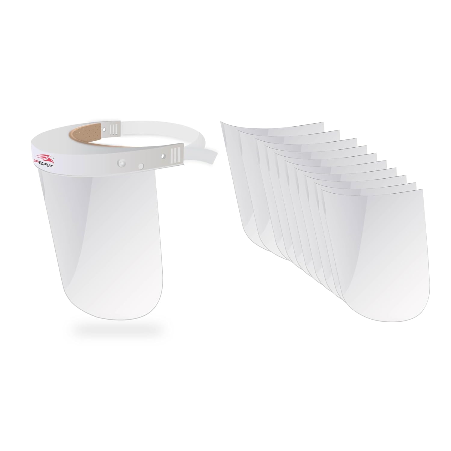 PERF Face Shield | High-Impact Resistant Polycarbonate Visor | Comfortable Adjustable Elastic Band with Replaceable Polycarbonate Visor (One Complete Face Shield + 10 Replaceable Visors)