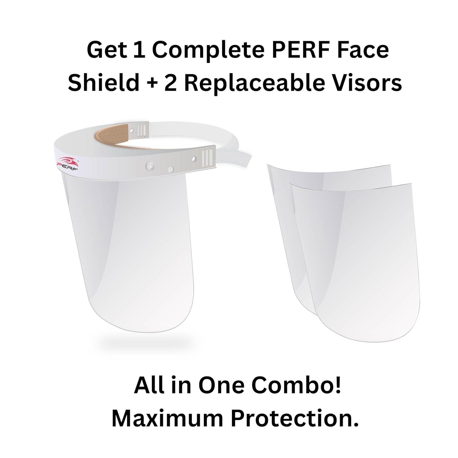 PERF Face Shield | High-Impact Resistant Polycarbonate Visor | Comfortable Adjustable Elastic Band with Replaceable Polycarbonate Visor (One Complete Face Shield + 2 Replaceable Visors)
