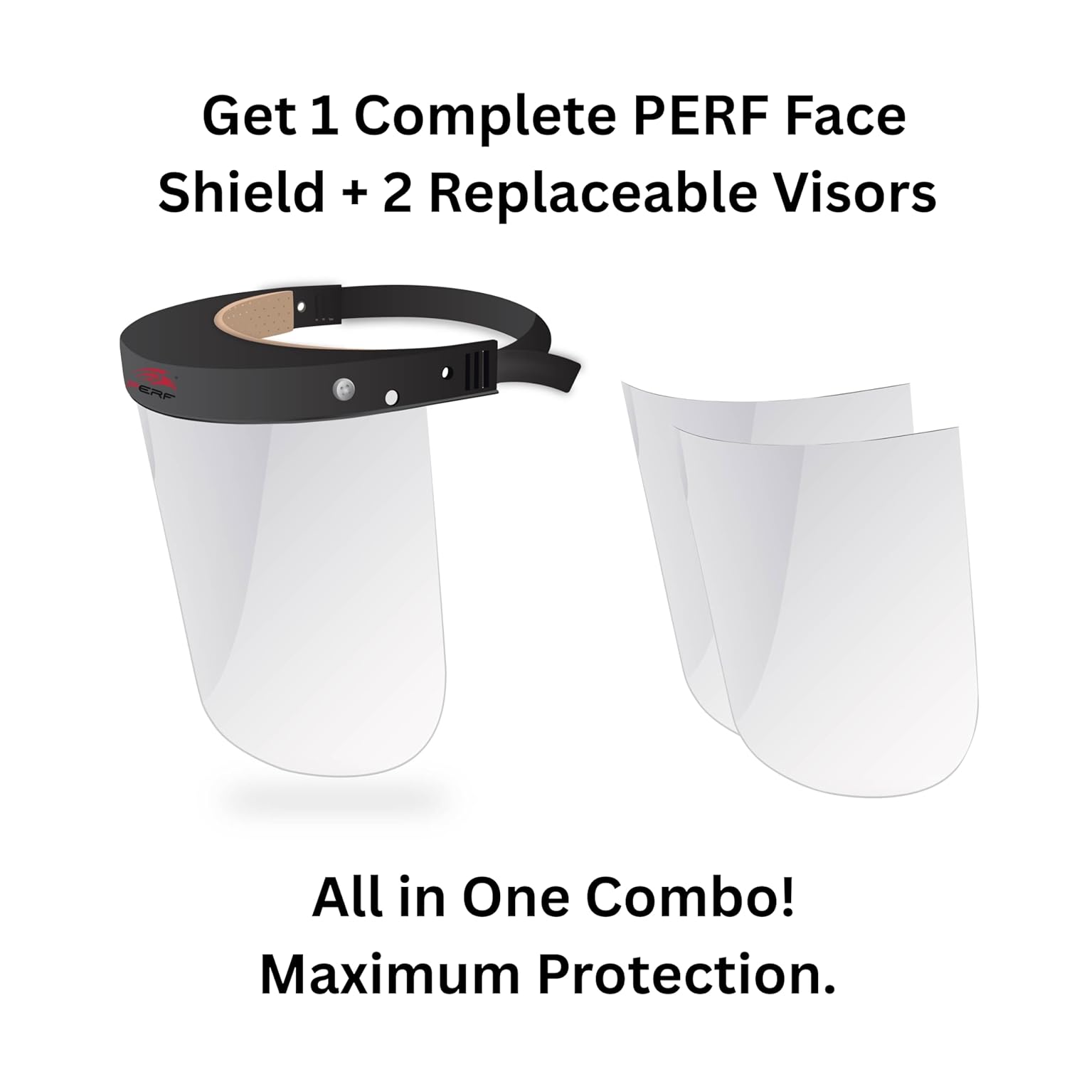 PERF Face Shield | High-Impact Resistant Polycarbonate Visor | Comfortable Adjustable Elastic Band with Replaceable Polycarbonate Visor (One Complete Face Shield + 2 Replaceable Visors)