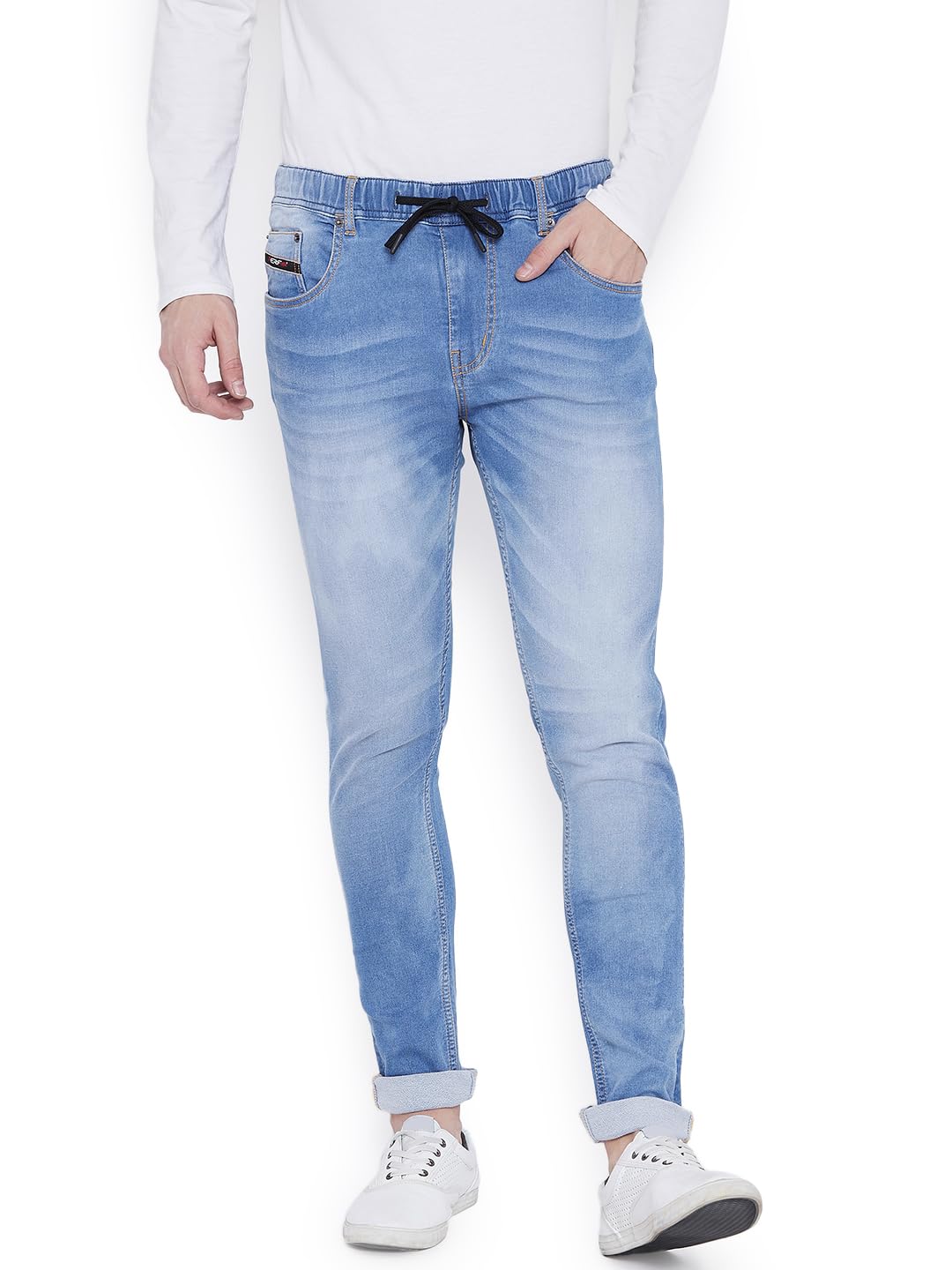 PERF Men's Faded Slim Jogger Jeans with Whiskering, Stretchable Lycra Denim, Dark Black