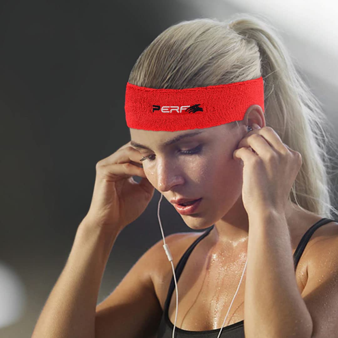 Perf Gym Headband for Men and Women - Sports Headband for Workout & Running, Breathable, Non-Slip Sweat Head Bands for Long Hair (Red)