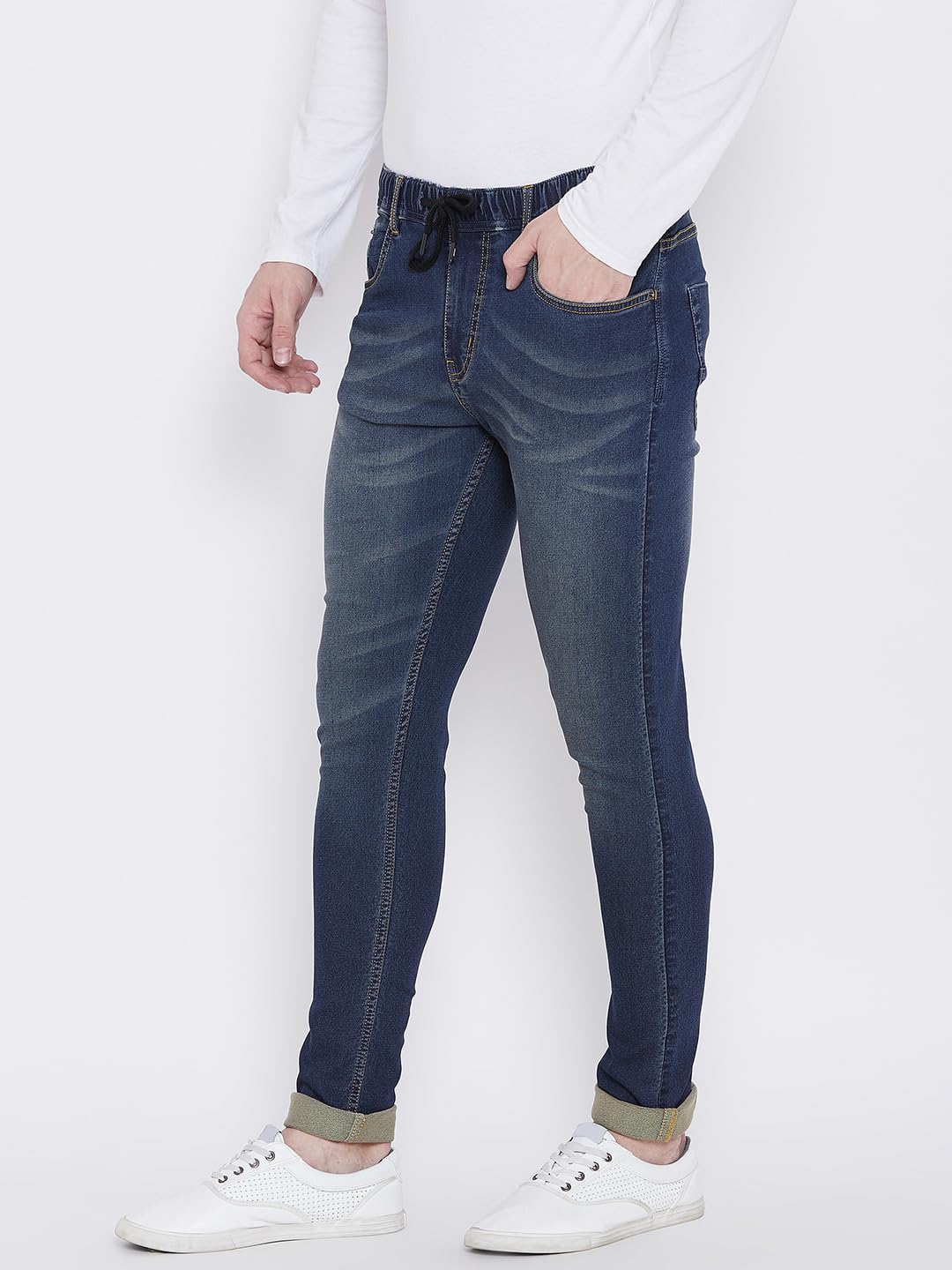 PERF Men's Blue Slim Jogger Denim Jeans with Whiskering & Tinting, Stretchable Lycra Material, Dark Black Color, Casual & Stylish Fit