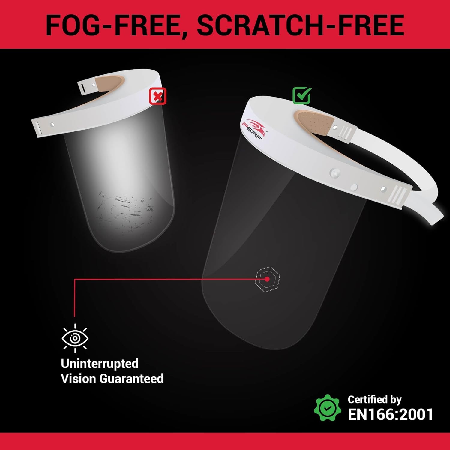 PERF Face Shield | Anti Fog and Anti Scratch | High-Impact Resistant Polycarbonate Visor | Comfortable Adjustable Elastic Band with Replaceable Polycarbonate Visor