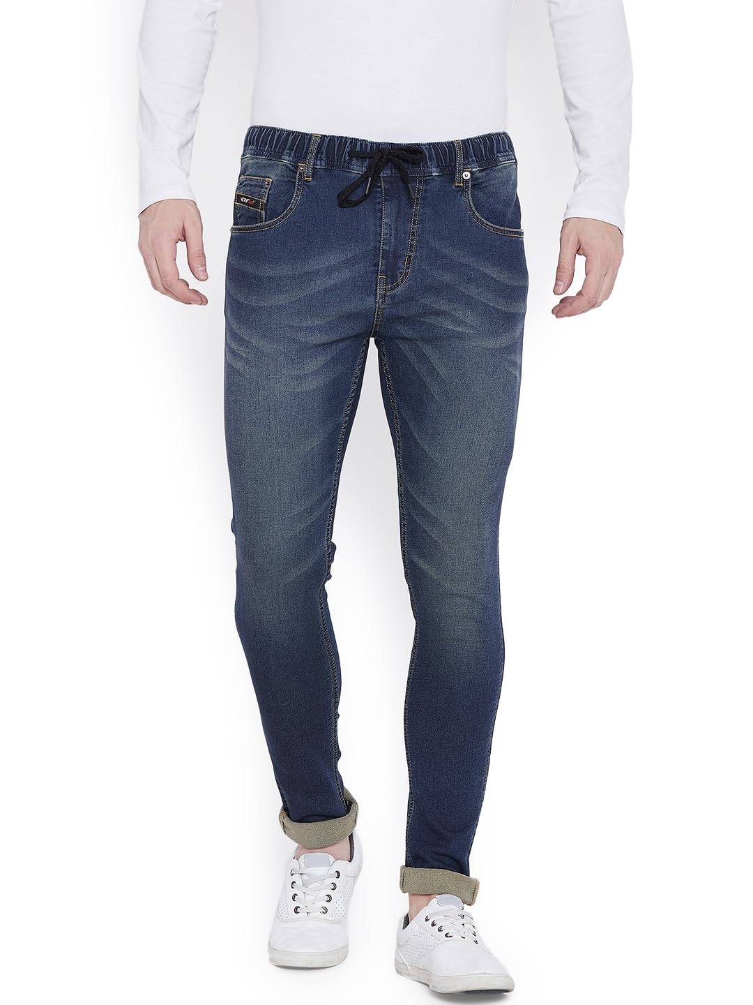 PERF Men's Blue Slim Jogger Denim Jeans with Whiskering & Tinting, Stretchable Lycra Material, Dark Black Color, Casual & Stylish Fit