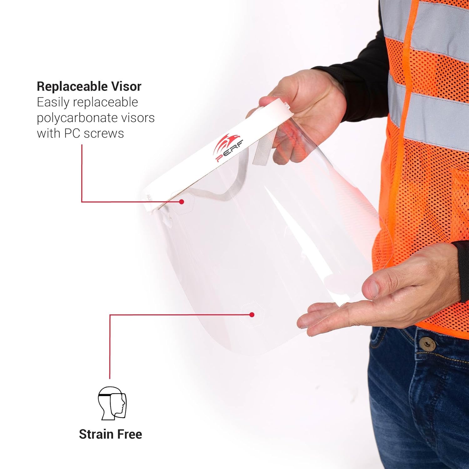 PERF Face Shield | Anti Fog and Anti Scratch | High-Impact Resistant Polycarbonate Visor | Comfortable Adjustable Elastic Band with Replaceable Polycarbonate Visor