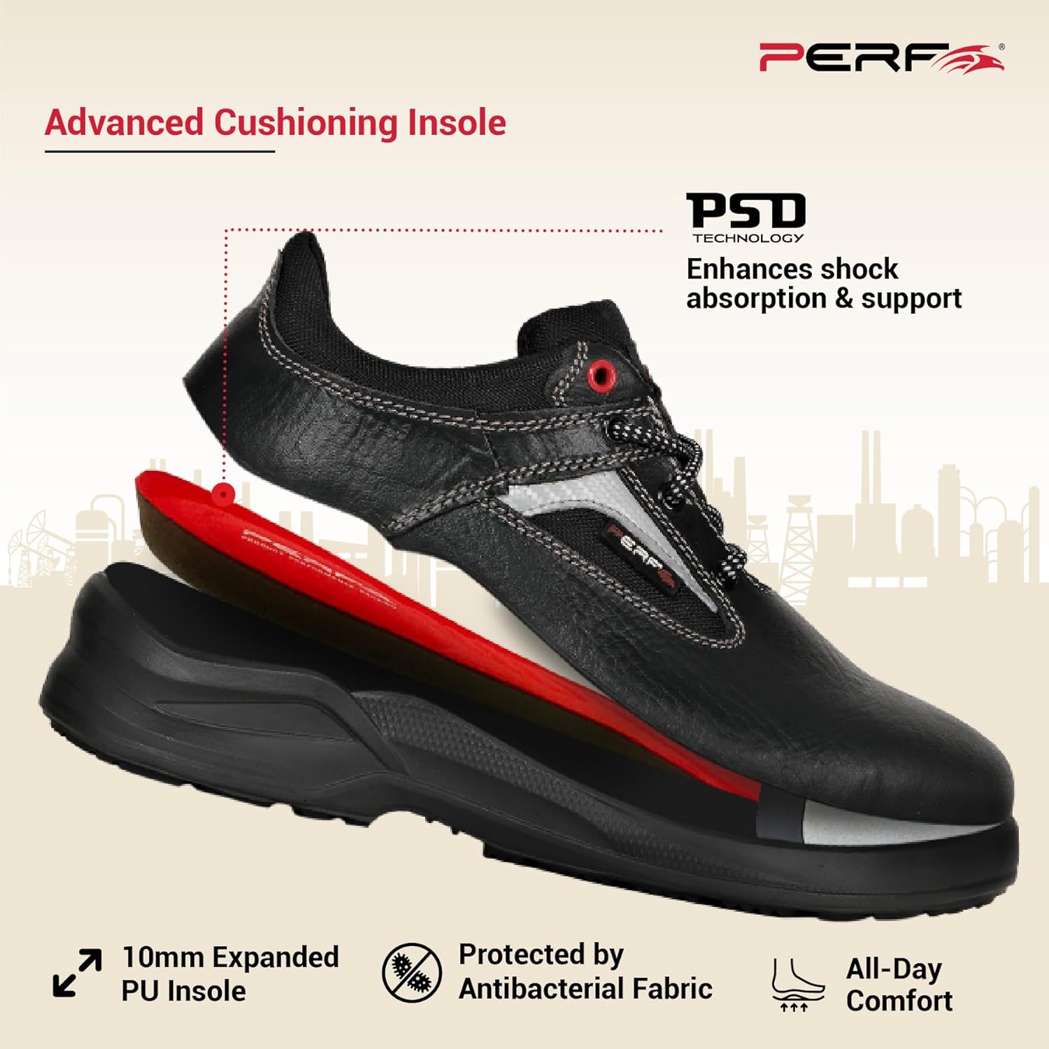 PERF RazorX Safety Shoe - Durable Buff Apollo Grain Leather, Steel Toe Cap Work Boot, Breathable Antibacterial Lining, Slip-Resistant PU, Double Density Sole Black