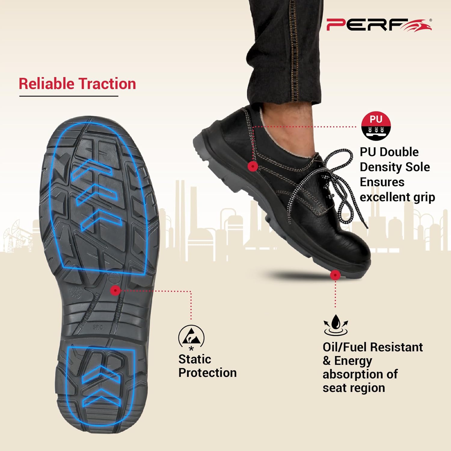 PERF HERMES Safety Shoe - Premium Steel Toe Work Boots with Breathable Leather, Anti-Slip Sole, and Antibacterial Lining for Industrial and Construction Safety