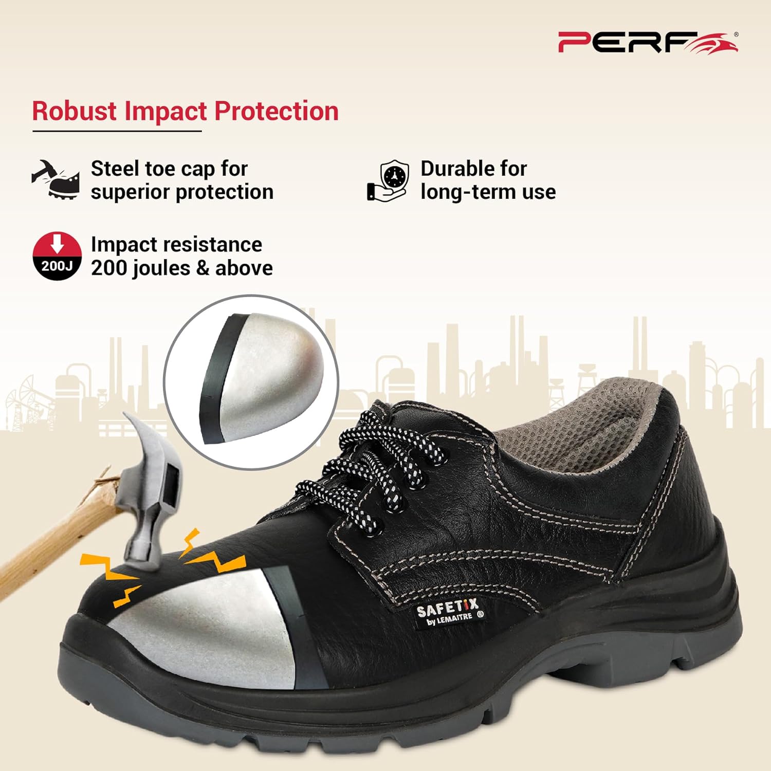 PERF HERMES Safety Shoe - Premium Steel Toe Work Boots with Breathable Leather, Anti-Slip Sole, and Antibacterial Lining for Industrial and Construction Safety