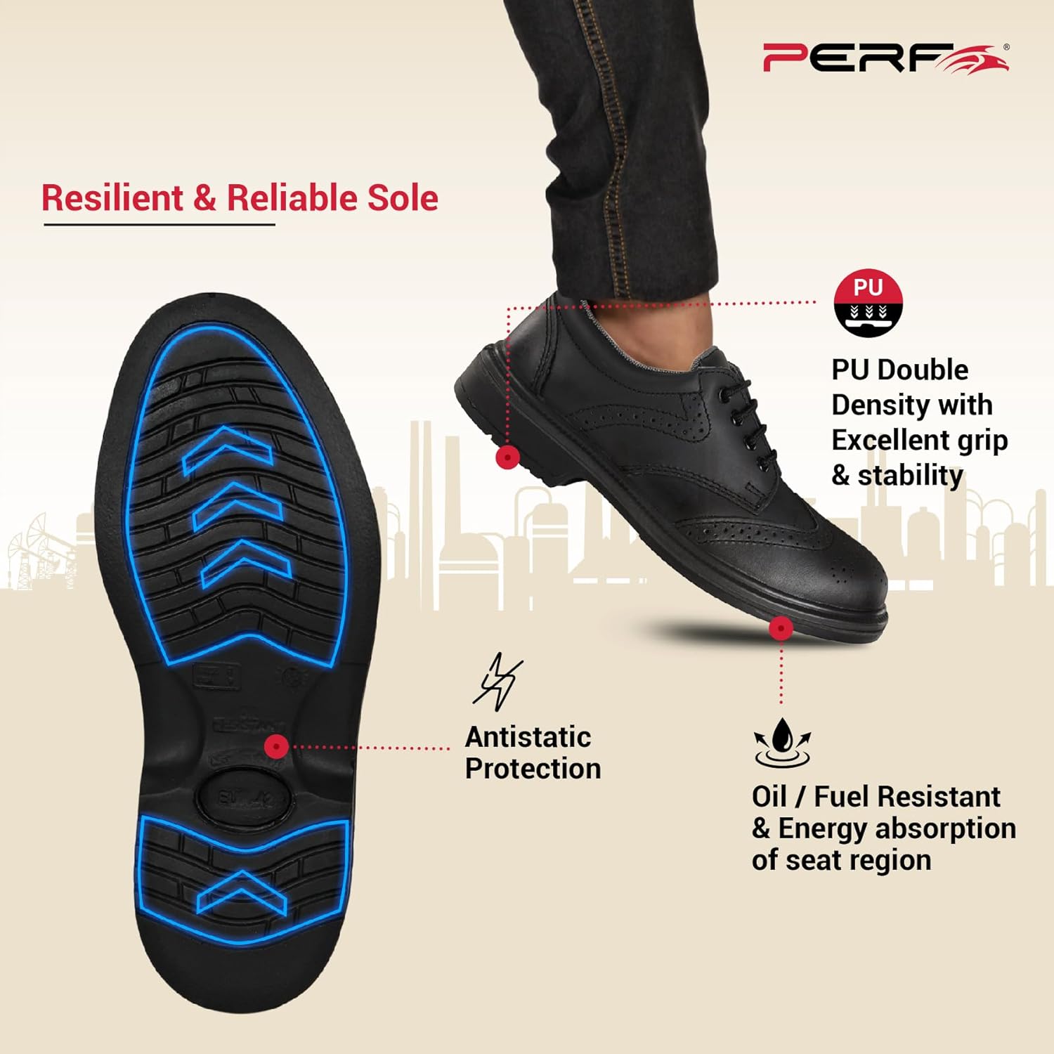 PERF PB 69 Oxford Safety Shoes - Steel Toe, Breathable, Slip-Resistant, Antistatic