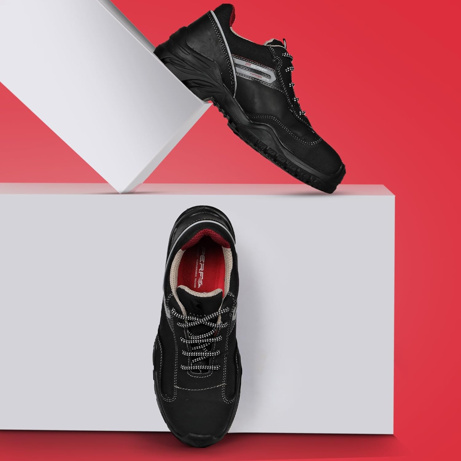 PERF Typhoon Low Ankle Safety Shoes - Water-Repellent Diamond Leather Work Boots, Breathable Lining, Lightweight for Outdoor Performance