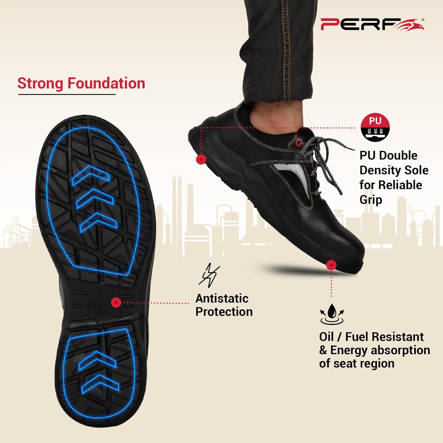 PERF RazorX Safety Shoe - Durable Buff Apollo Grain Leather, Steel Toe Cap Work Boot, Breathable Antibacterial Lining, Slip-Resistant PU, Double Density Sole Black