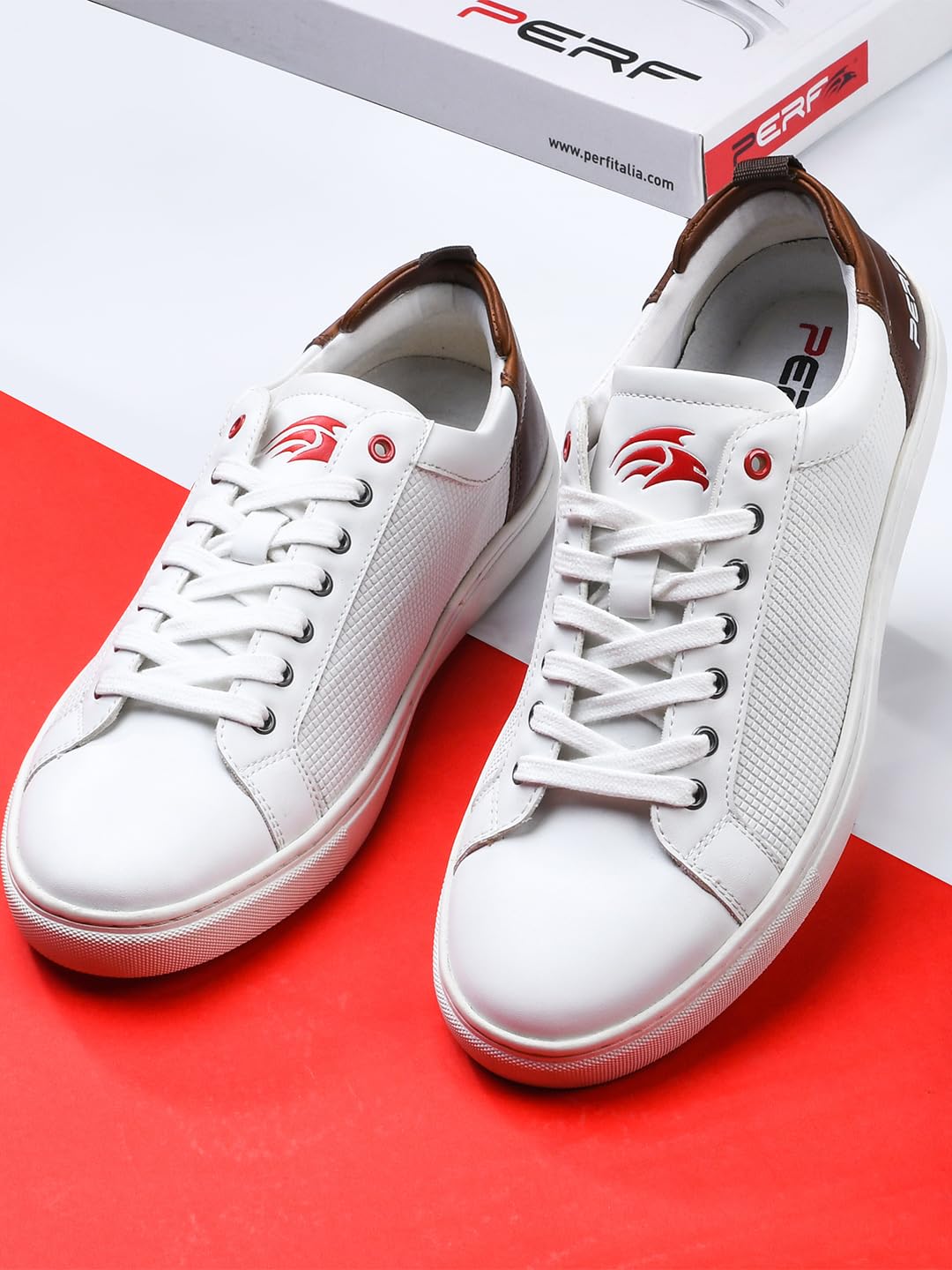 PERF Men’s Sneaker – Stylish PU Upper, Court Rubber Sole, Super Comfortable, Cushioned Insole, Trendy Casual Shoes for Men White-Brown
