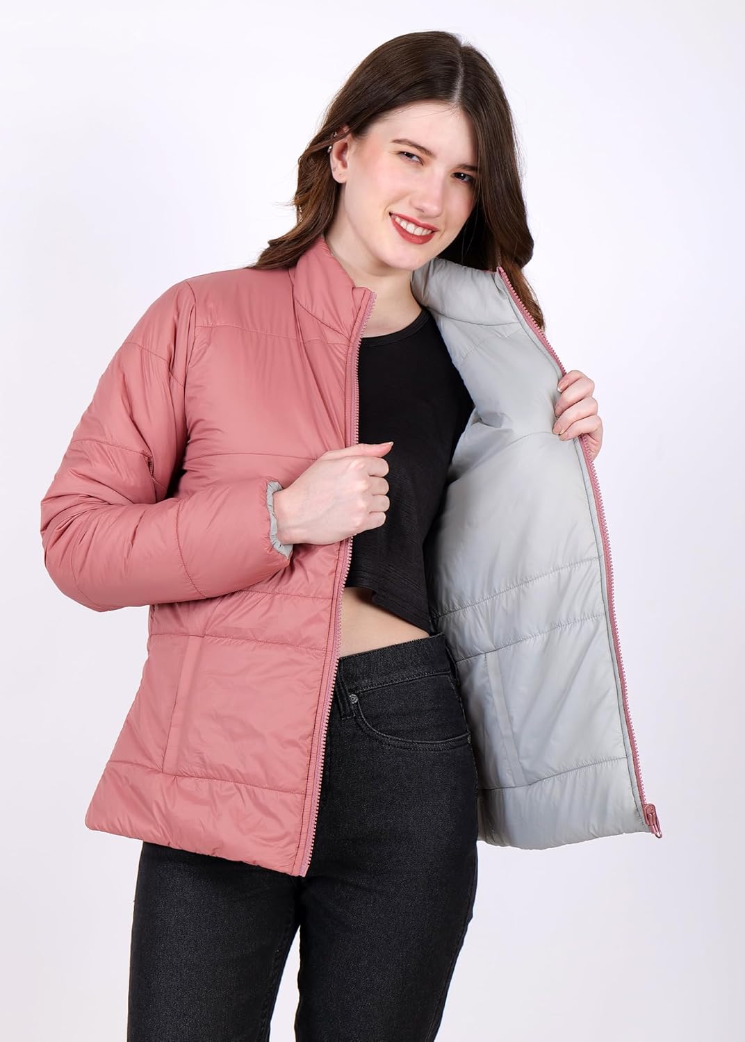PERF Women’s Reversible Jacket – 20-D Nylon Fabric, Two-Color Design, Pink & Light Grey, with Zippered Side Pockets