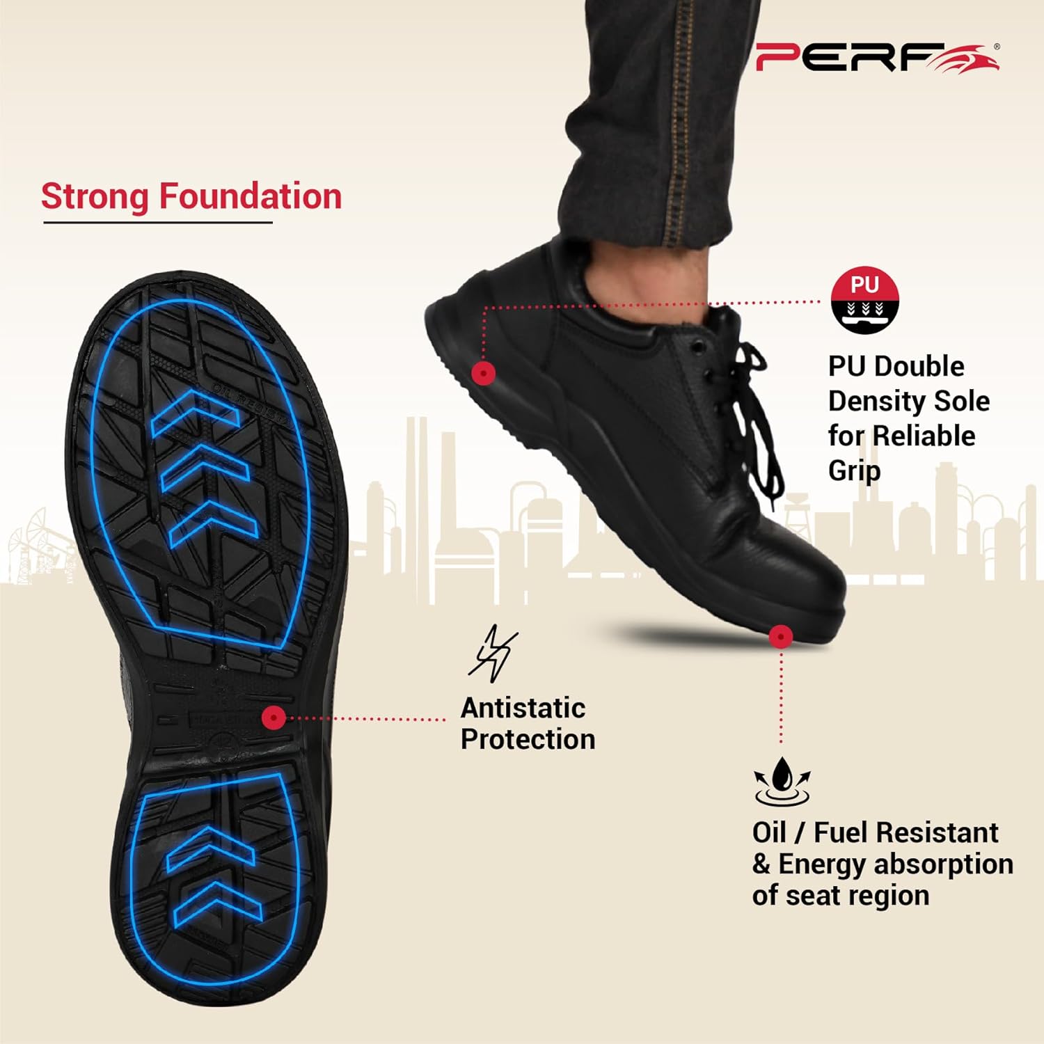 PERF Turbo-X Low Ankle Safety Shoe - Premium Buff Grain Leather, Steel Toe Cap 200J, PU Double Density Sole for Construction and Industrial Work