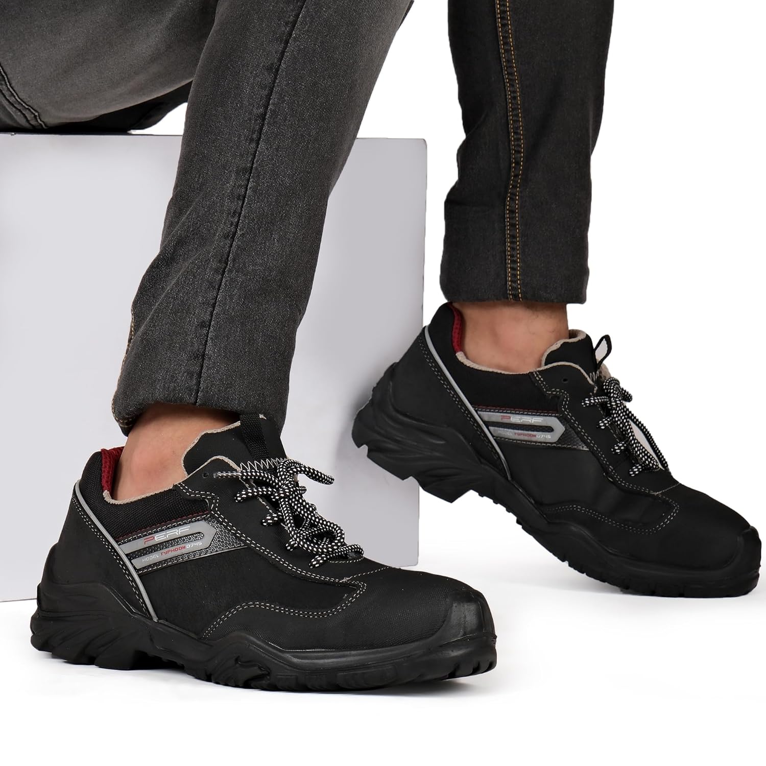 PERF Typhoon Low Ankle Safety Shoes - Water-Repellent Diamond Leather Work Boots, Breathable Lining, Lightweight for Outdoor Performance