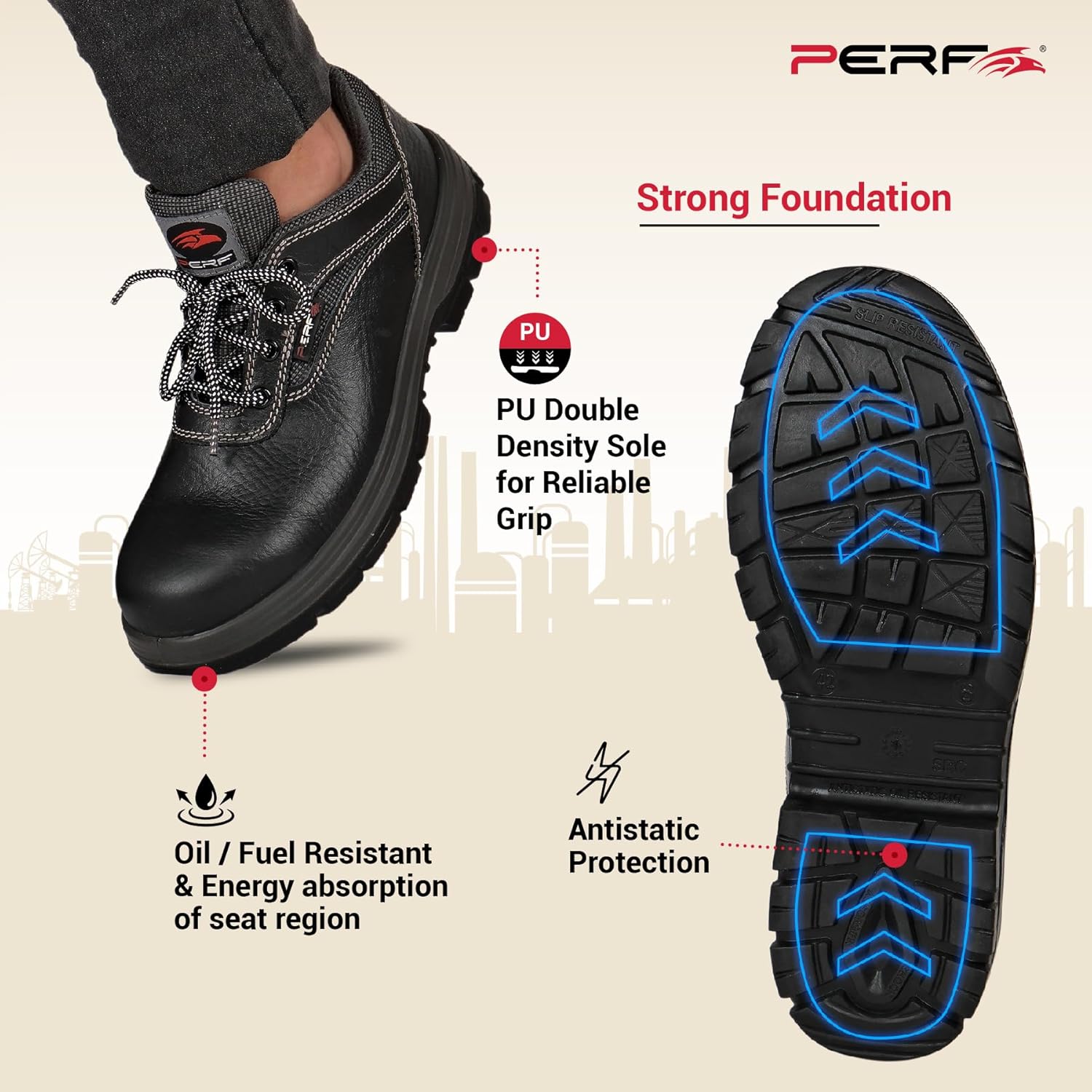 PERF Spike Low Ankle Safety Shoes - Lightweight Work Footwear with Steel Toe Cap, Anti-Slip Sole, and Breathable Lining for Construction & Industrial Use