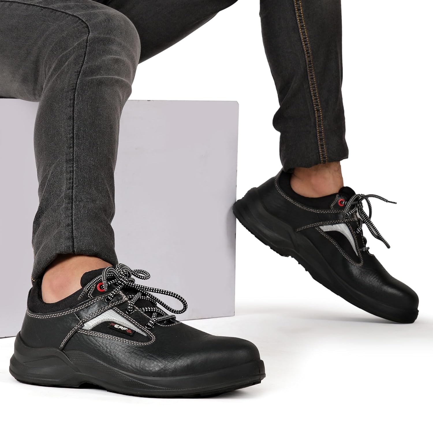 PERF RazorX Safety Shoe - Durable Buff Apollo Grain Leather, Steel Toe Cap Work Boot, Breathable Antibacterial Lining, Slip-Resistant PU, Double Density Sole Black