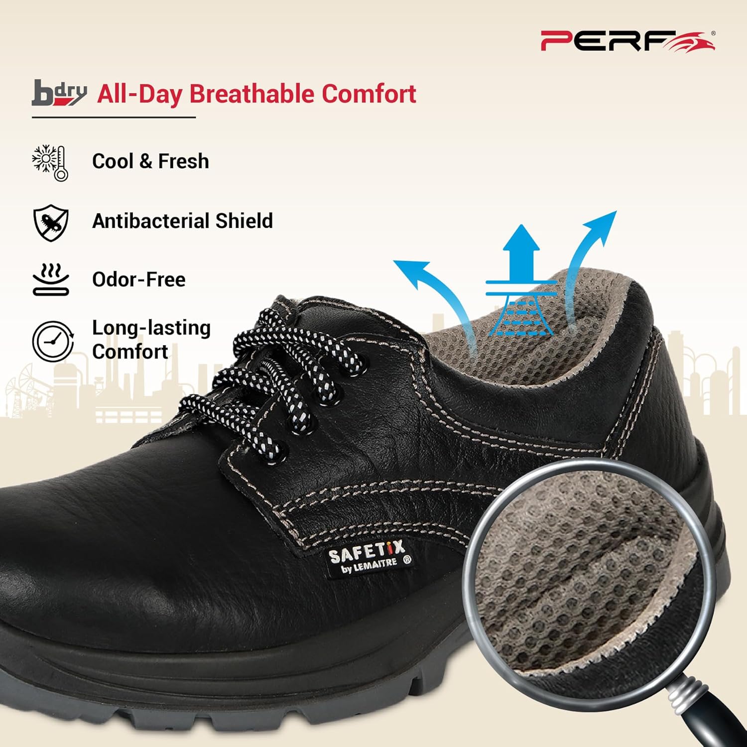 PERF HERMES Safety Shoe - Premium Steel Toe Work Boots with Breathable Leather, Anti-Slip Sole, and Antibacterial Lining for Industrial and Construction Safety