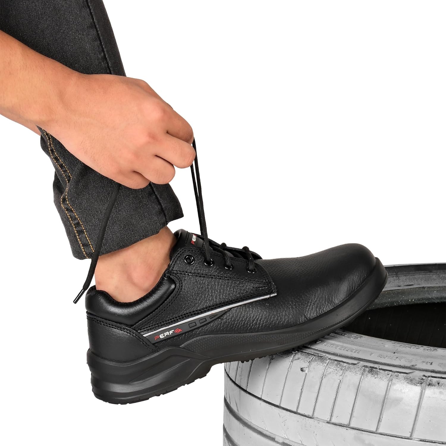 PERF Turbo-X Low Ankle Safety Shoe - Premium Buff Grain Leather, Steel Toe Cap 200J, PU Double Density Sole for Construction and Industrial Work