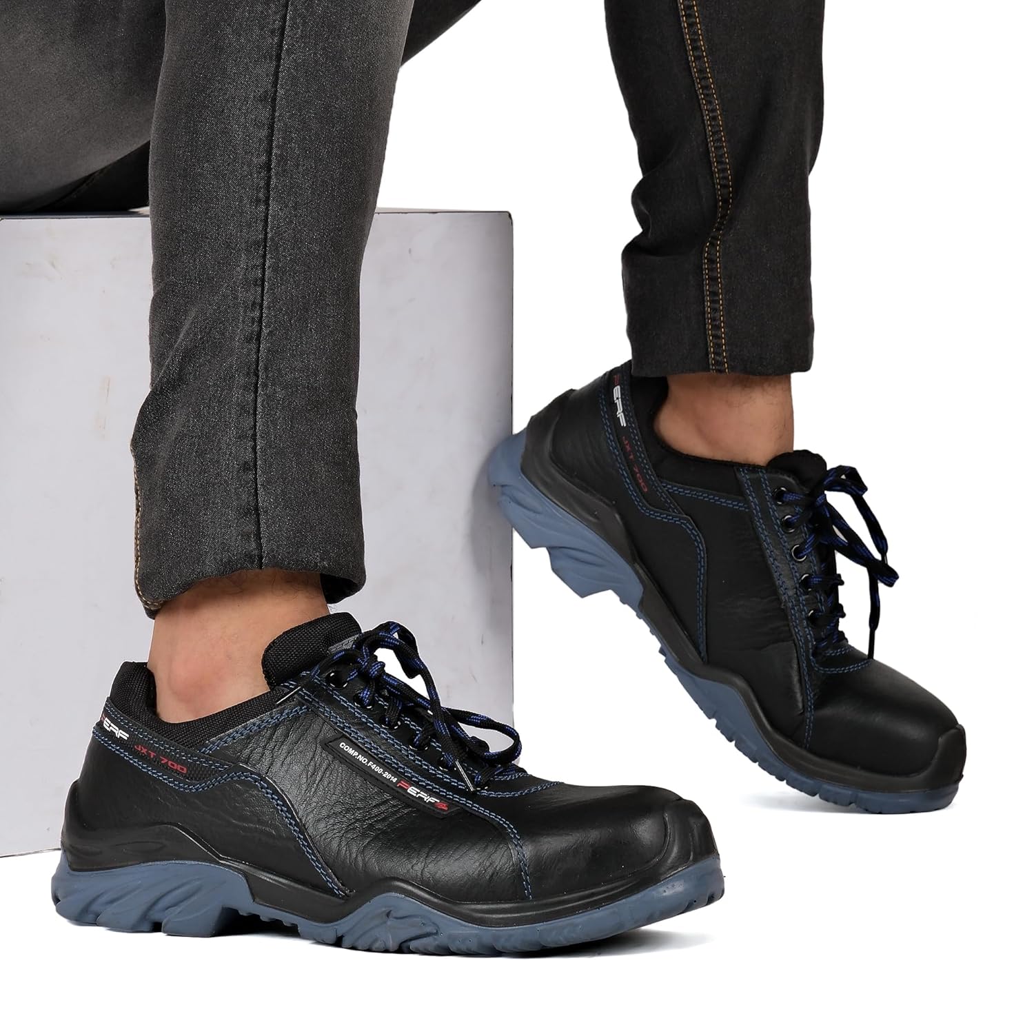 PERF Tornado G SB - Water-Repellent Leather Safety Shoe with Non-Metallic Toe Cap, Breathable Lining, Cushioned Footbed, and Durable PU Double Density Sole - Work Shoe for Men.