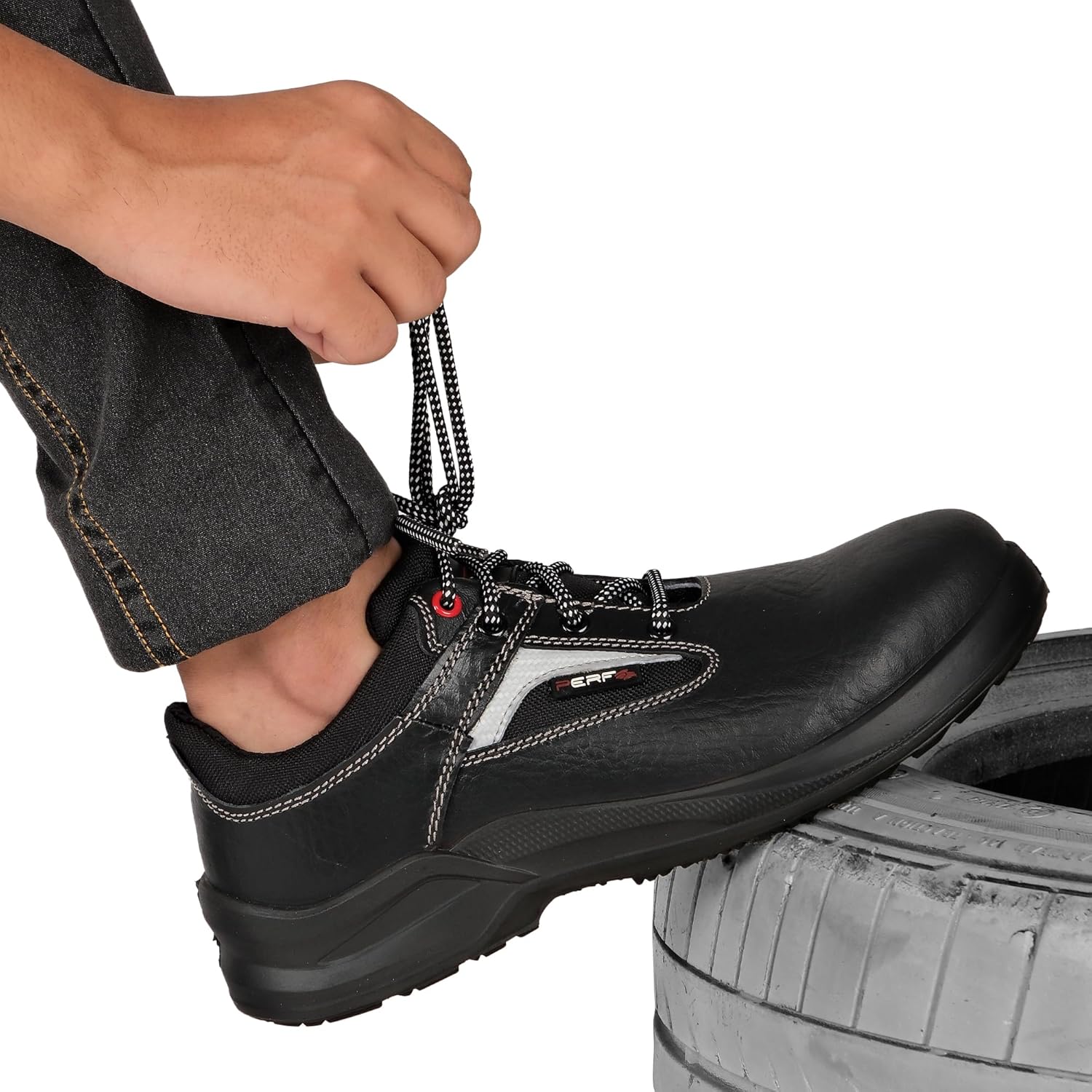 PERF RazorX Safety Shoe - Durable Buff Apollo Grain Leather, Steel Toe Cap Work Boot, Breathable Antibacterial Lining, Slip-Resistant PU, Double Density Sole Black