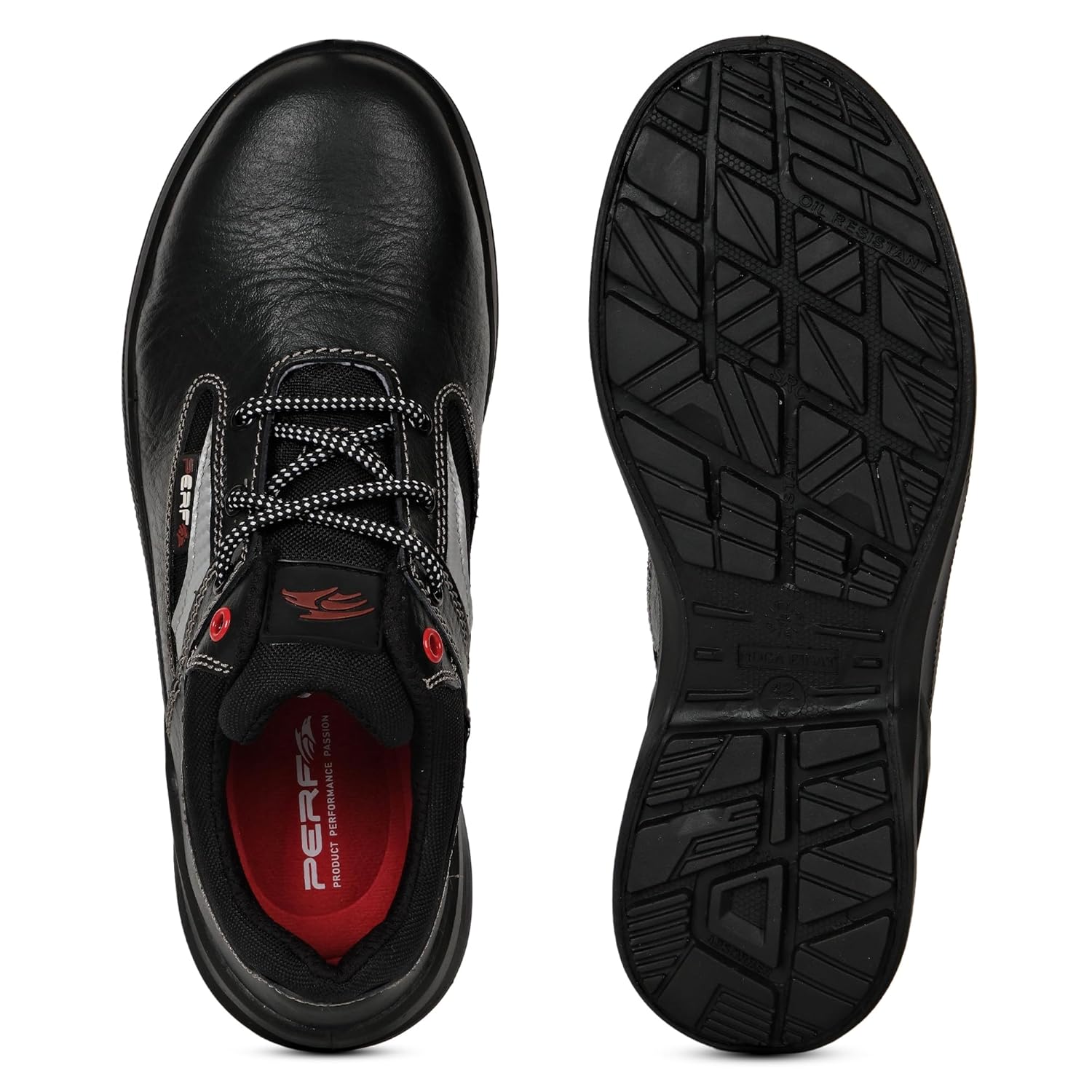 PERF RazorX Safety Shoe - Durable Buff Apollo Grain Leather, Steel Toe Cap Work Boot, Breathable Antibacterial Lining, Slip-Resistant PU, Double Density Sole Black