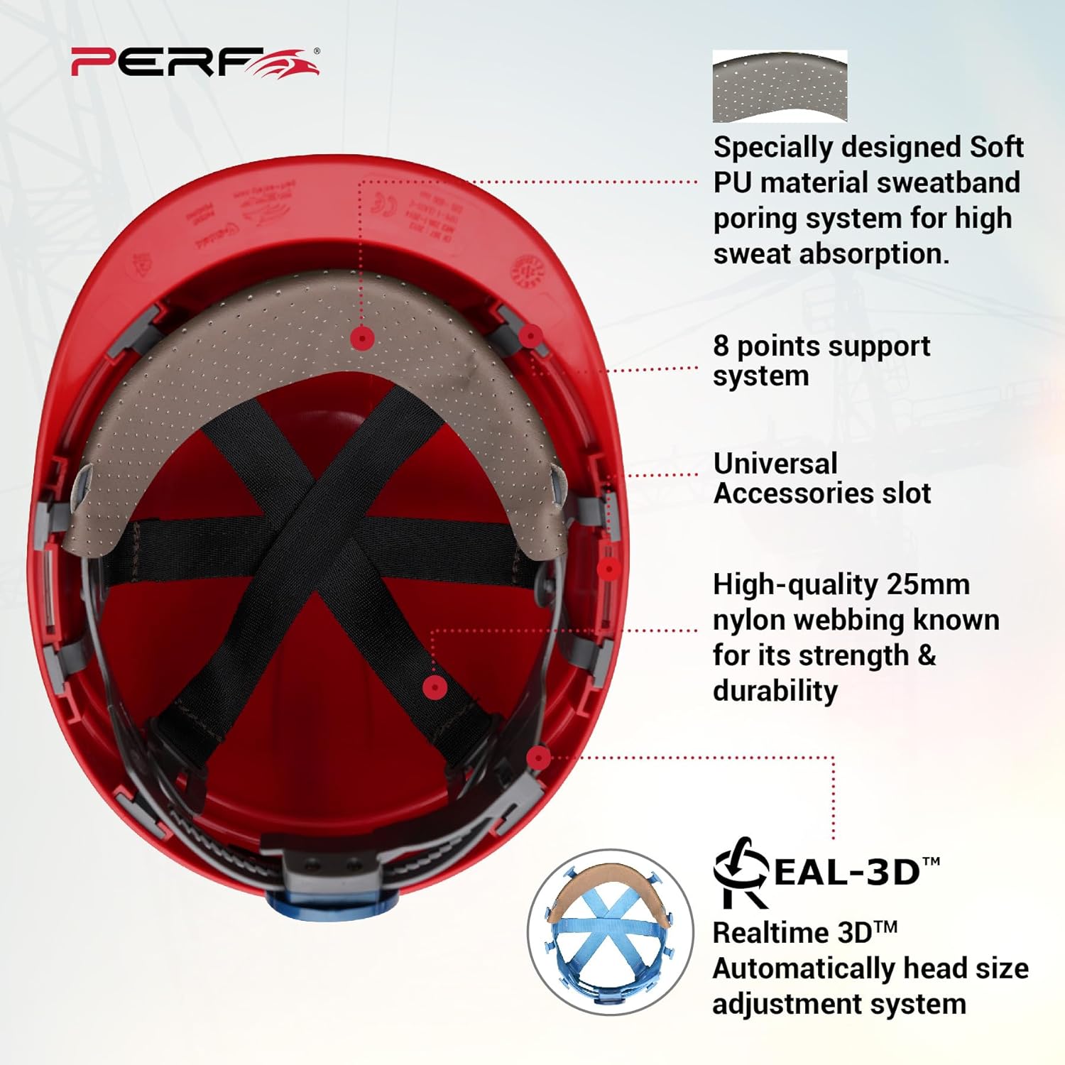 PERF Safety Helmet for Construction & Outdoor Work|Easy 3D Fitting System for Any Head Size|Lightweight|8-Point Support Easy Impact Absorption Sweatband|XPrssPNV (Red)