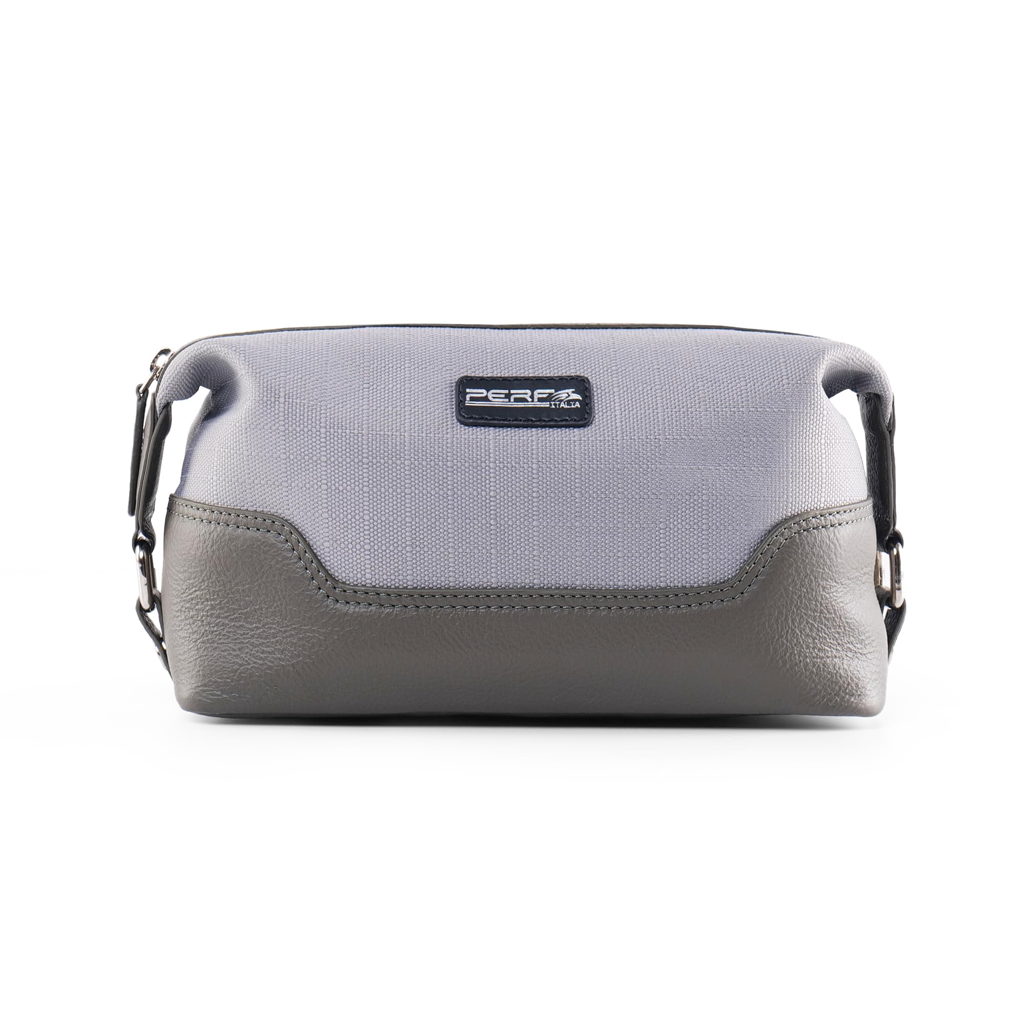 PERF Genuine Leather Travel Kit Bag | Unisex Toiletry Bag | Cosmetics Pouch for Women | Coated Nylon Punch Leather Pouch for Men & Women with Adjustable Side Loops & Grab Handle (CHK Navy/Navy Punch)