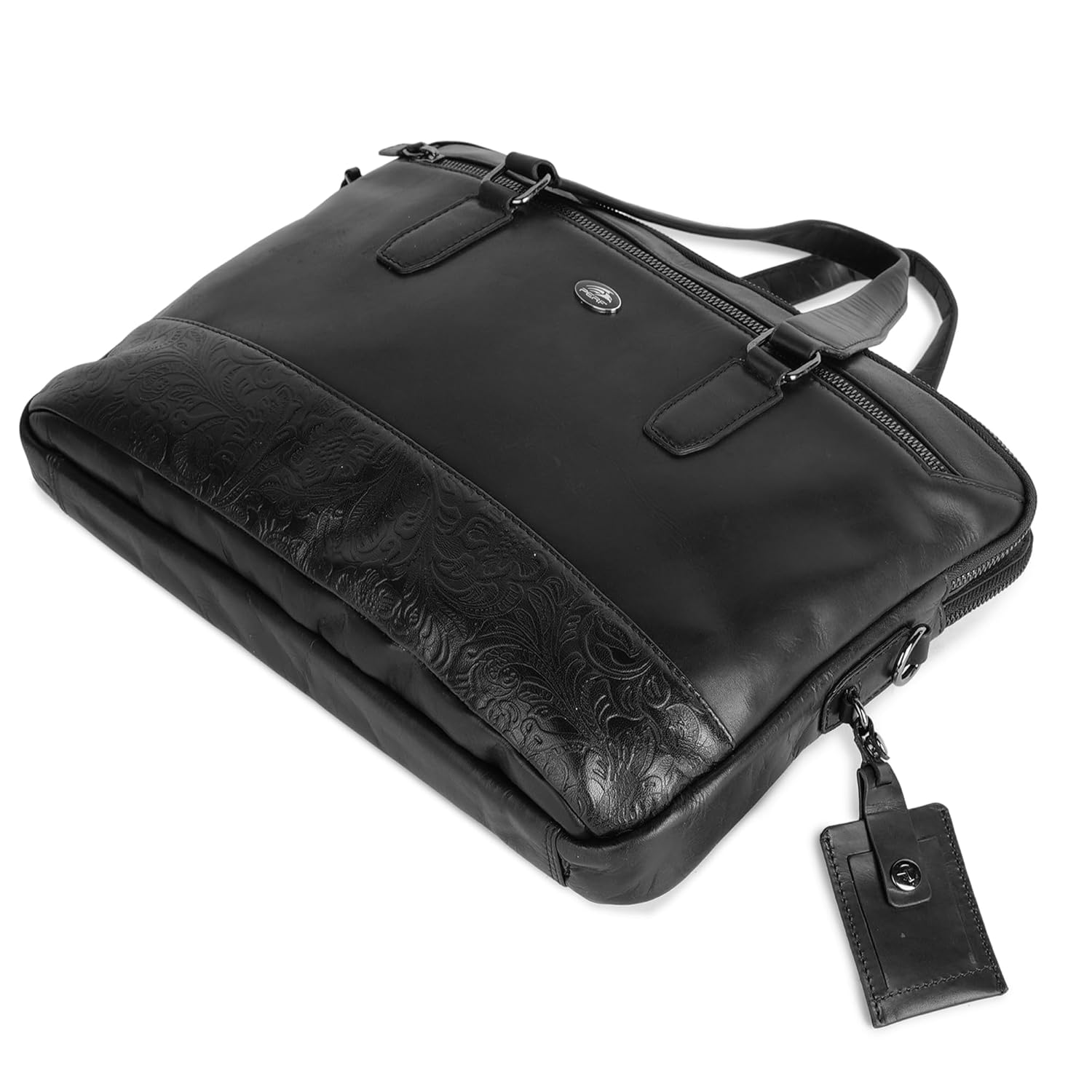 PERF Double Zip Briefcase Bag | Unisex Genuine Leather Office Laptop Bag | Sleek Business Handbag with Dual Compartments