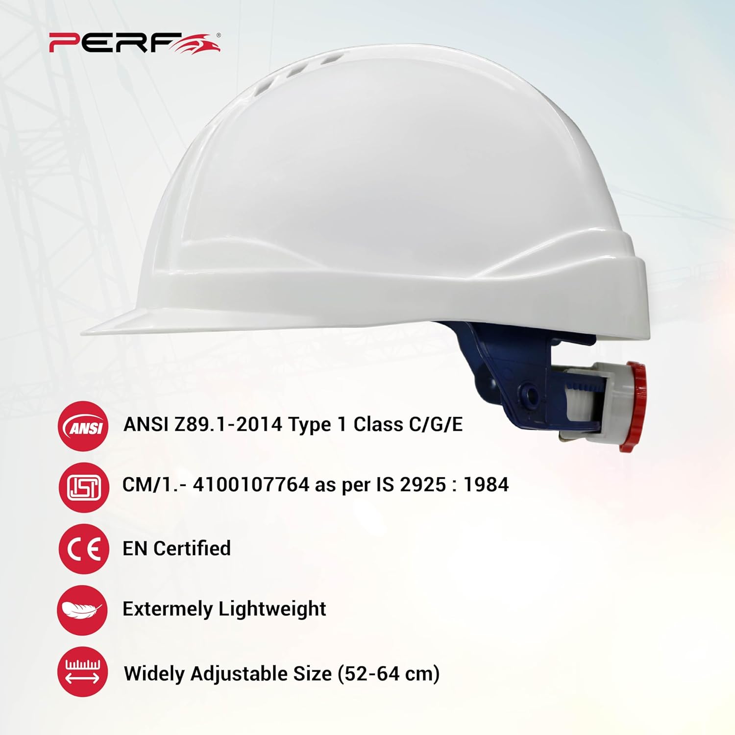 PERF Safety Helmet for Construction & Outdoor Work|Easy 3D Fitting System for Any Head Size|Lightweight|8-Point Support Impact Absorption Sweatband|X Prss-P VEN |White