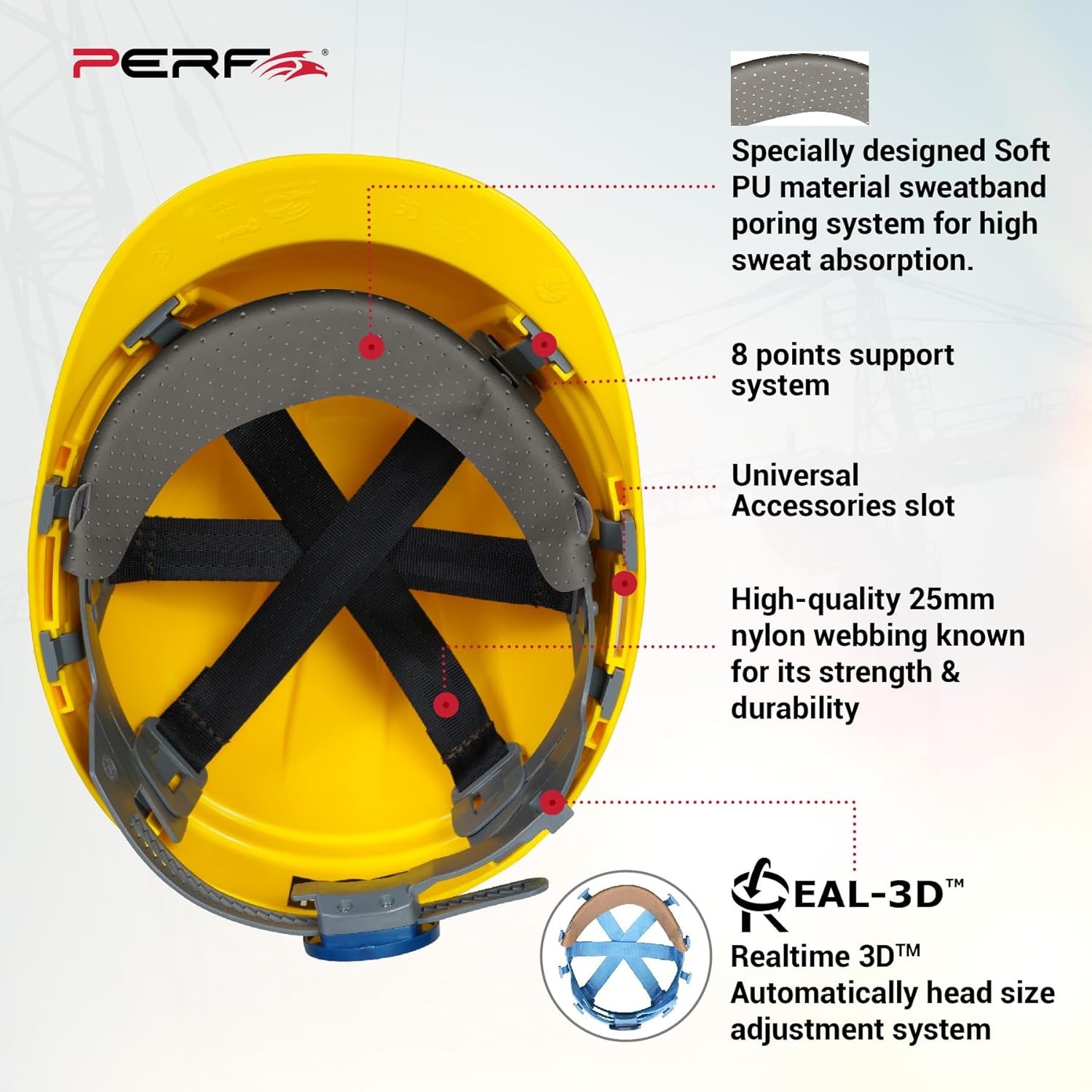 PERF Safety Helmet for Construction, Outdoor Work|Easy 3D Fitting System for Any Head Size|Lightweight|8-Point Support Easy Impact Absorption Sweatband|X Prss-P|Yellow