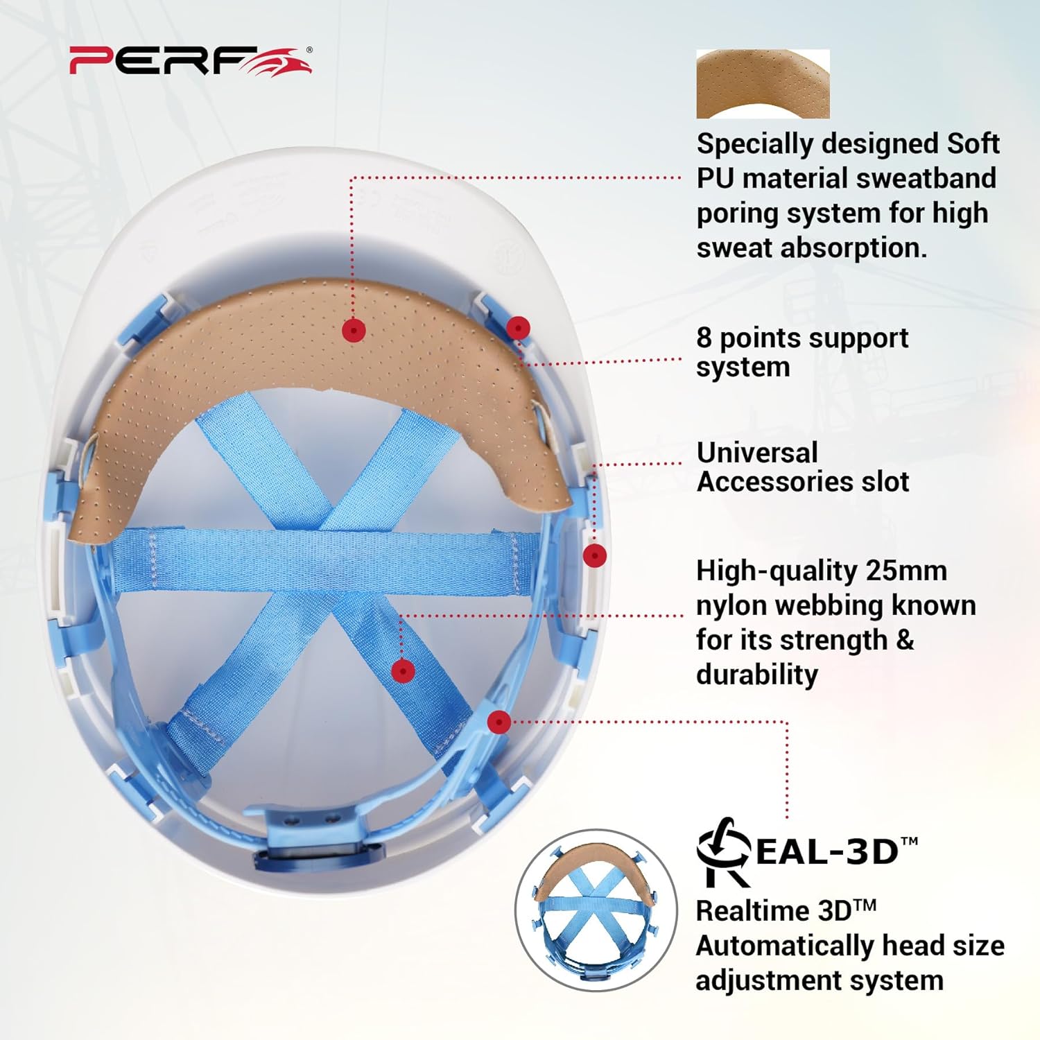 PERF Safety Helmet for Construction & Outdoor Work|Easy3D Fitting System for Any Head Size|Lightweight|8-Point Support Easy Impact Absorption Sweatband|XPrssPNV(White)