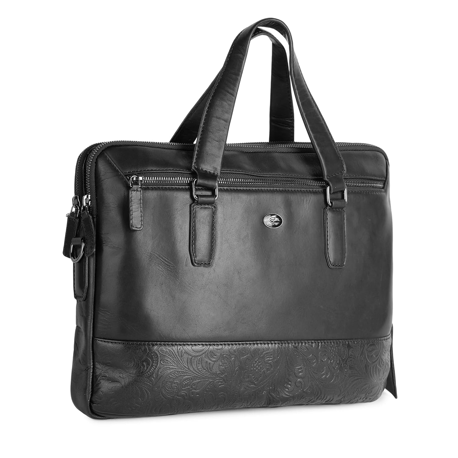 PERF Double Zip Briefcase Bag | Unisex Genuine Leather Office Laptop Bag | Sleek Business Handbag with Dual Compartments