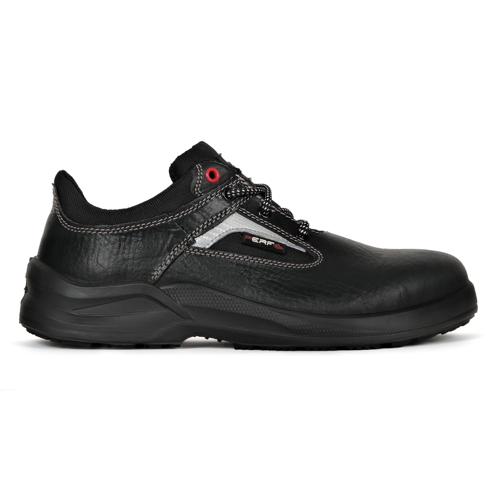 PERF RazorX Safety Shoe - Durable Buff Apollo Grain Leather, Steel Toe Cap Work Boot, Breathable Antibacterial Lining, Slip-Resistant PU, Double Density Sole Black