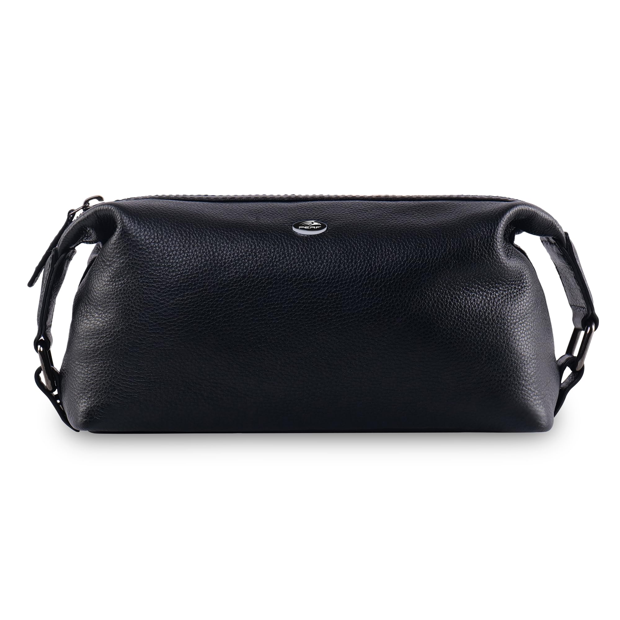 PERF Genuine Leather Travel Kit Bag | Unisex Toiletry Bag & Makeup Organizer | Multipurpose |Coated Nylon + Punch Leather Pouch for Men & Women with Adjustable Side Loops (Navy)
