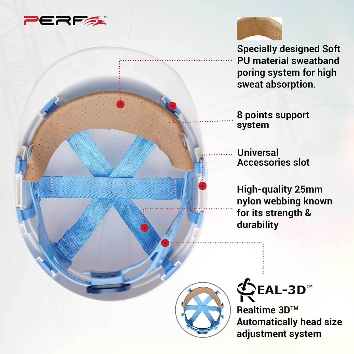 PERF Safety Helmet for Construction & Outdoor Work|Easy 3D Fitting System for Any Head Size|Lightweight|8-Point Support Impact Absorption Sweatband|X Prss-P VEN |White