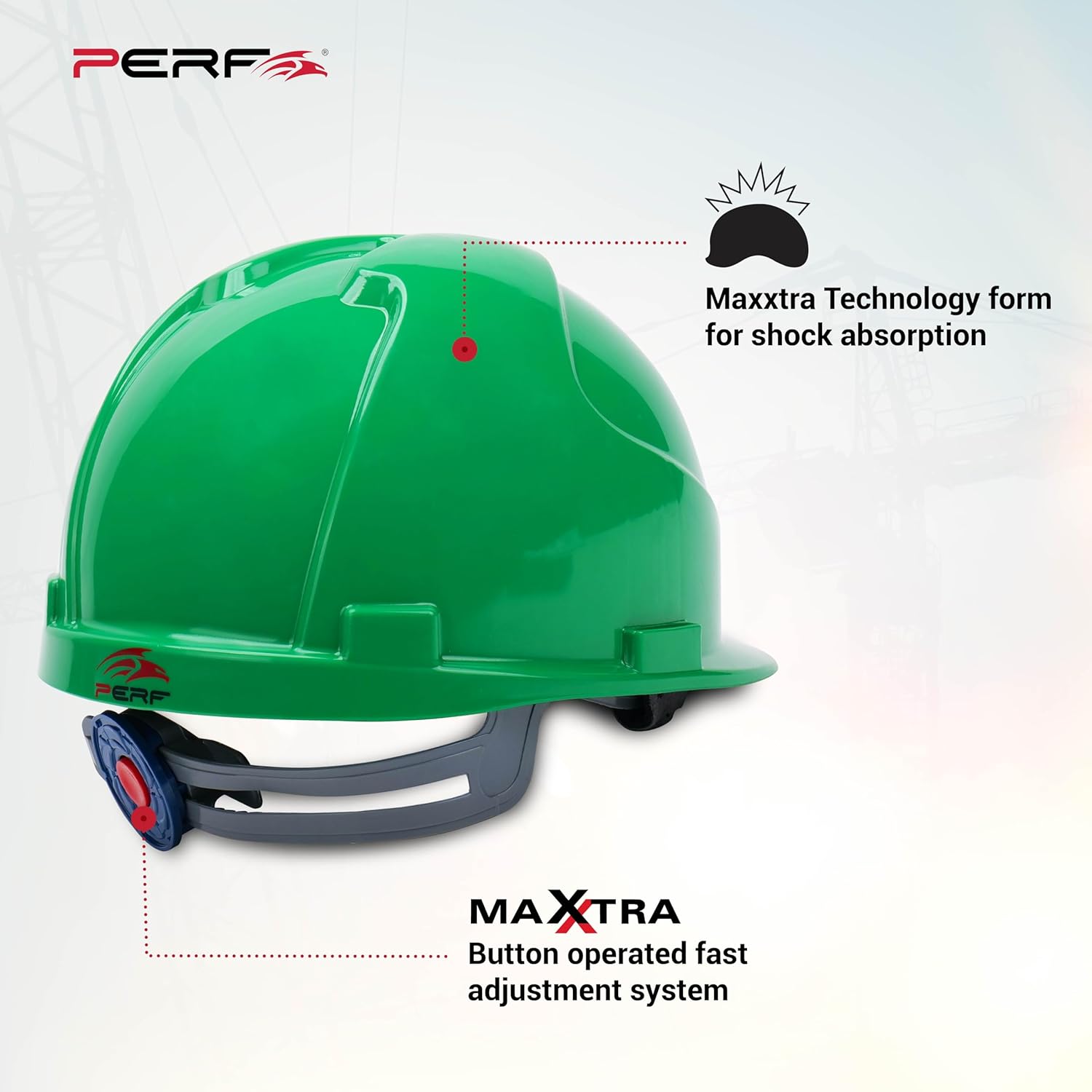 PERF Safety Helmet for Construction & Outdoor Work|Easy 3D Fitting System for Any Head Size|Lightweight|4-Point Support, Easy Impact Absorption Sweatband|Maxxtra|Green