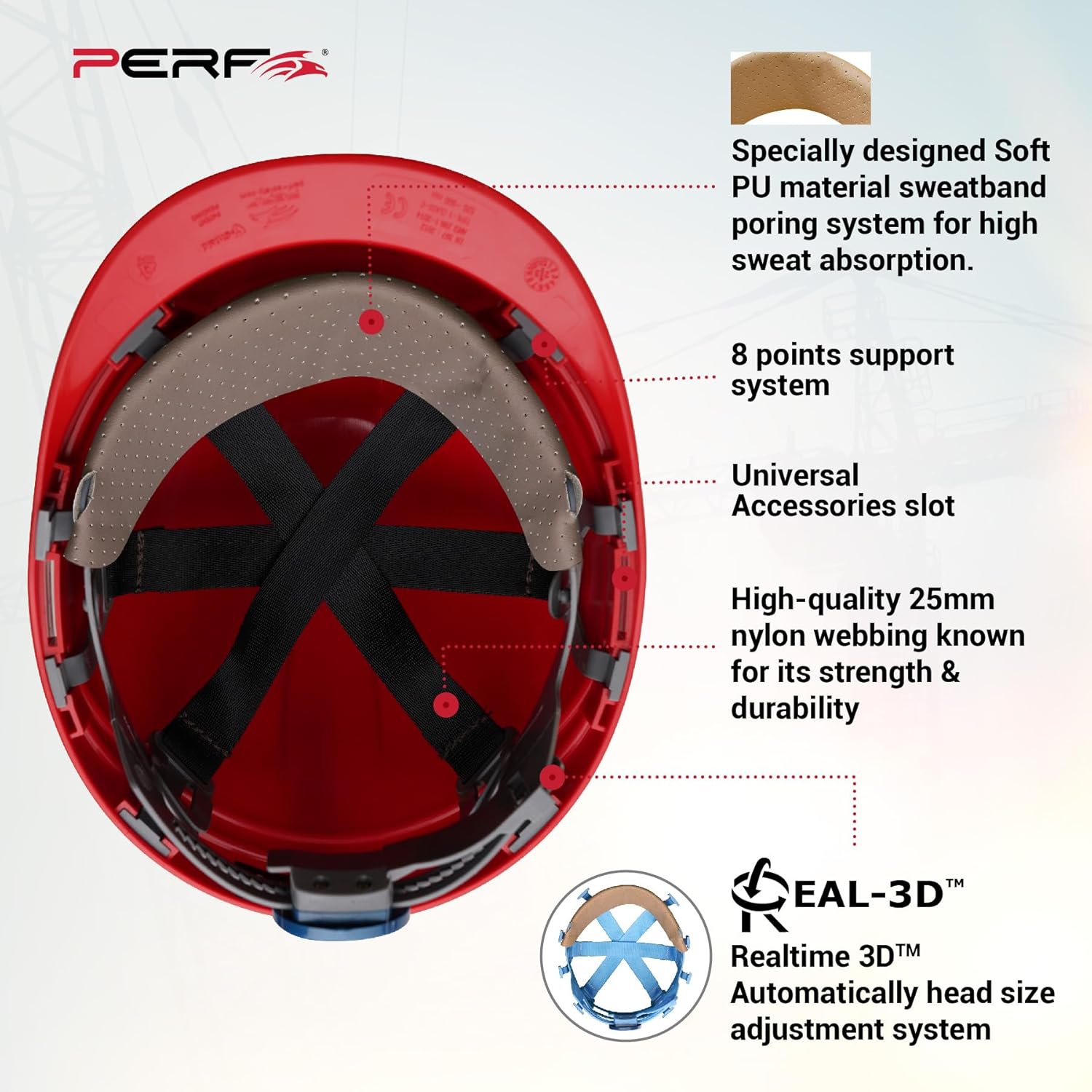 PERF Safety Helmet for Construction & Outdoor Work|Easy 3D Fitting System for Any Head Size|Lightweight|8-Point Support Easy Impact Absorption Sweatband|X Prss-P|Red