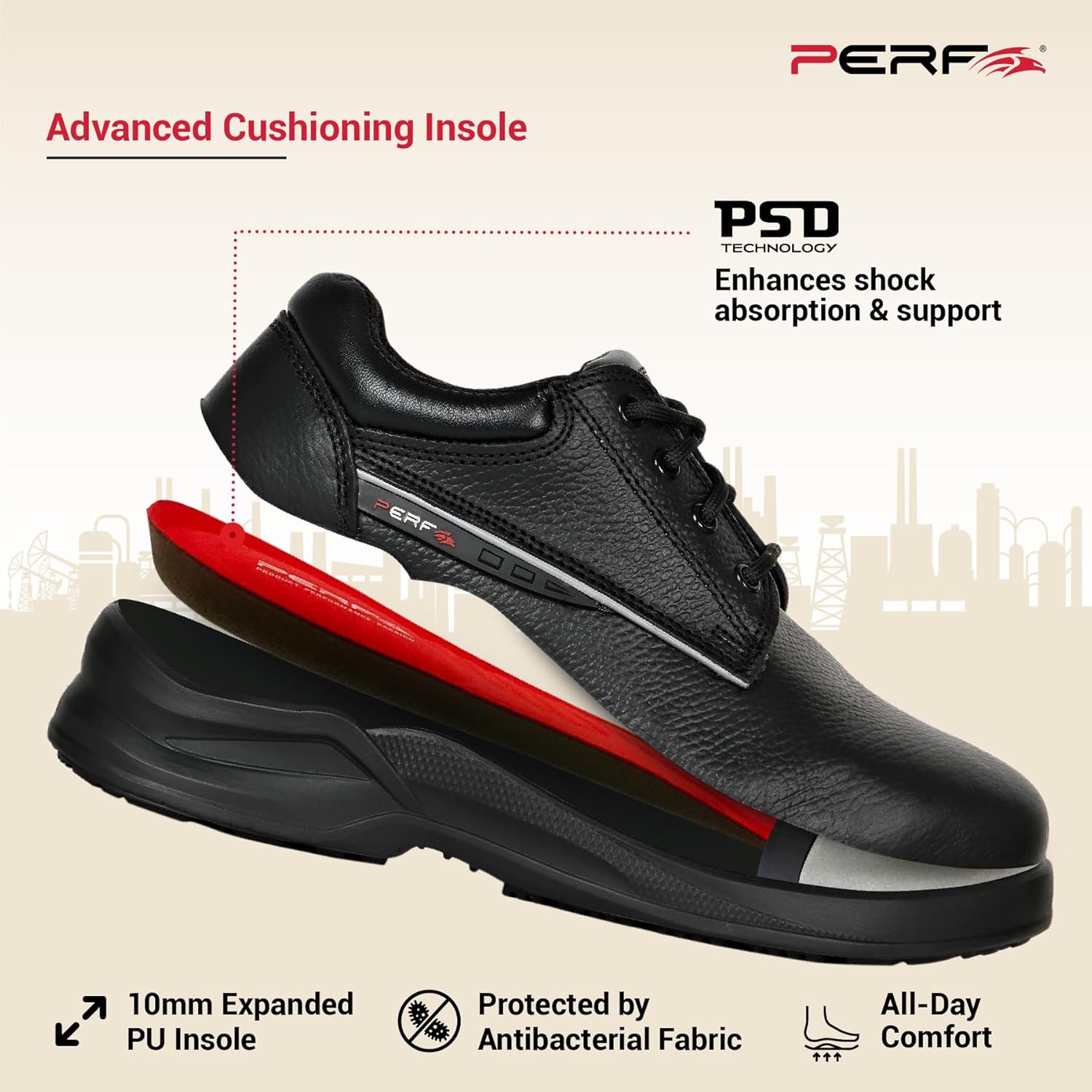 PERF Turbo-X Low Ankle Safety Shoe - Premium Buff Grain Leather, Steel Toe Cap 200J, PU Double Density Sole for Construction and Industrial Work