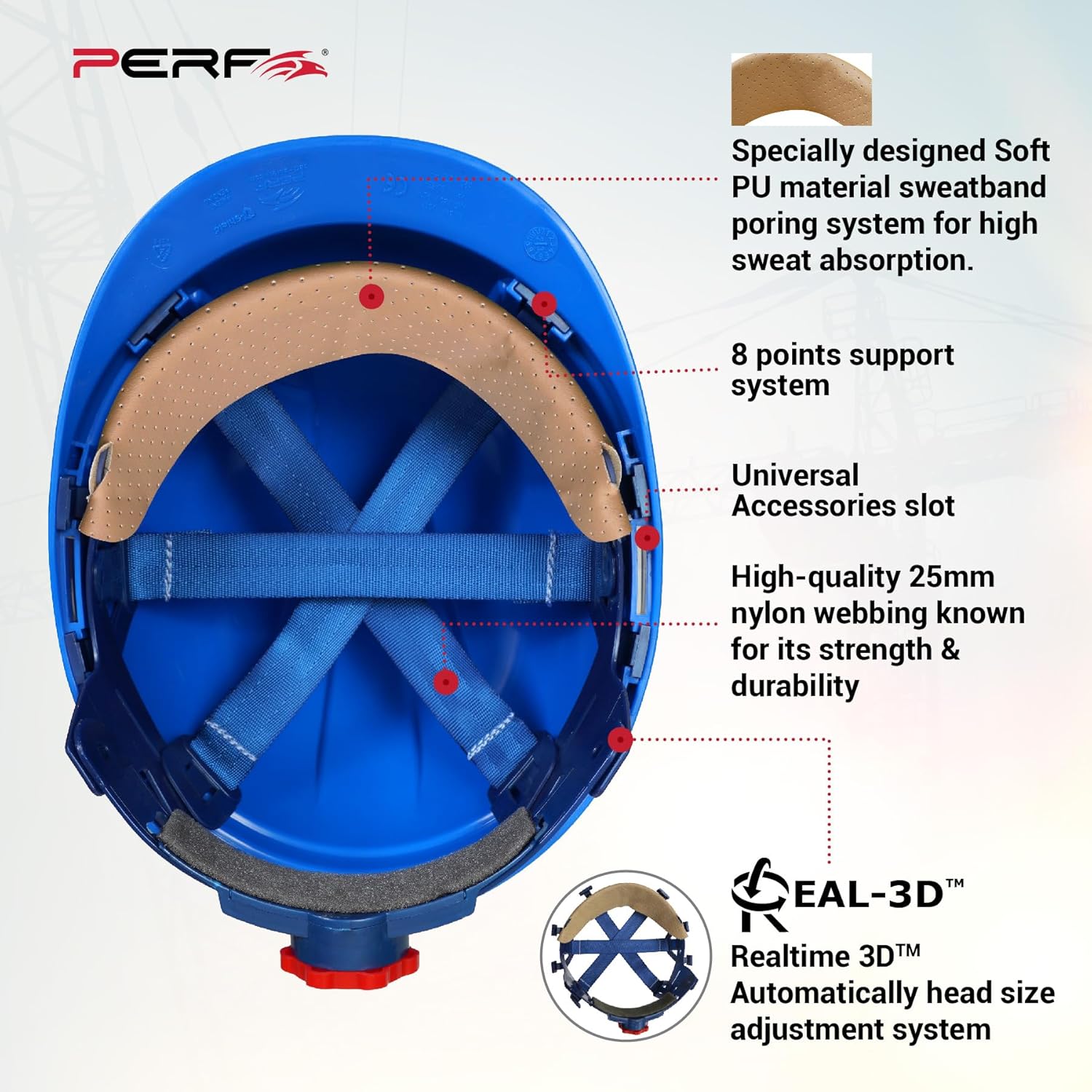 PERF Safety Helmet for Construction&Outdoor Work|Easy 3D Fitting System for Any Head Size|Lightweight|8-Point Support for|Easy Impact Absorption|Sweatband|Orbit-R|Blue