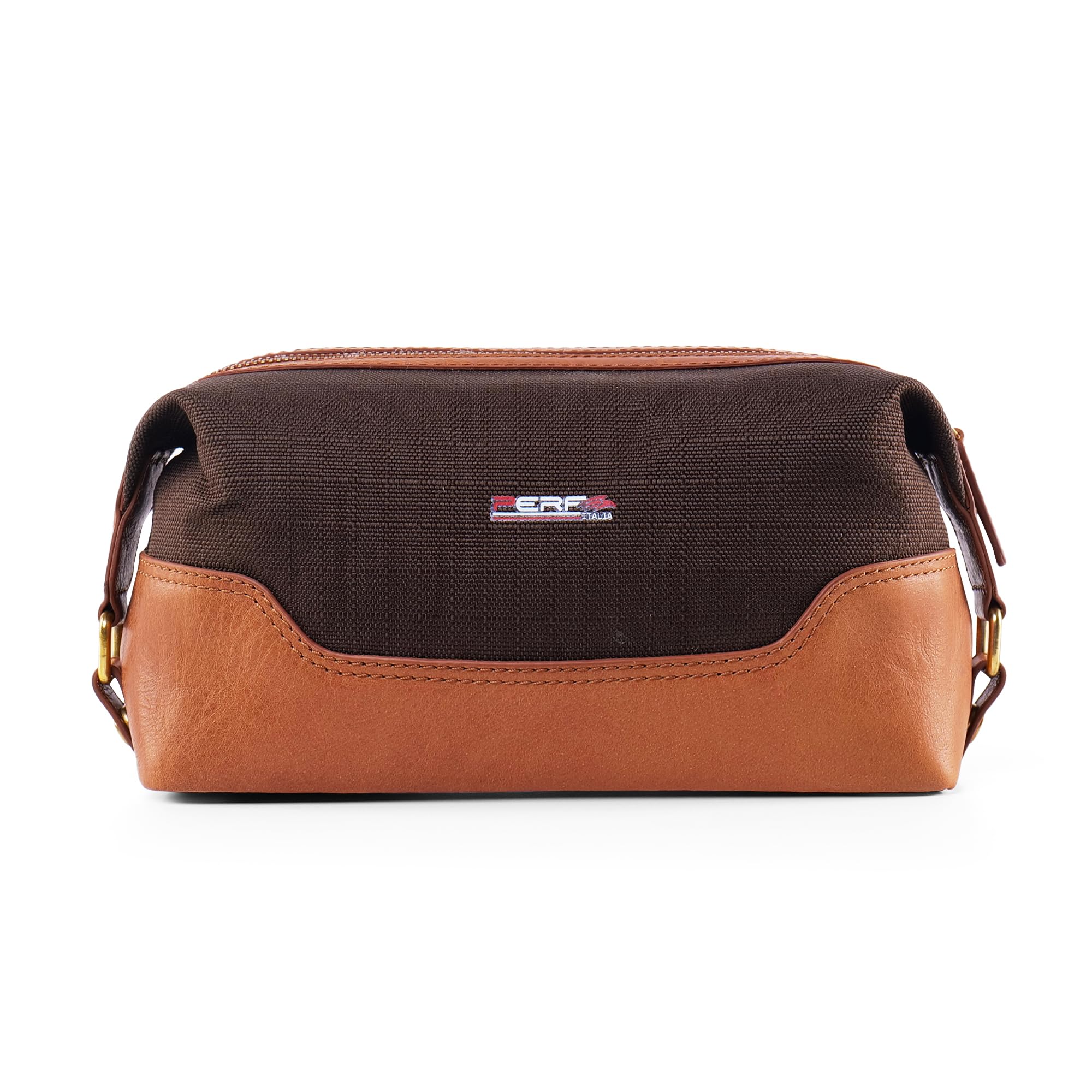 PERF Genuine Leather Travel Kit Bag | Unisex Toiletry Bag | Cosmetics Pouch for Women | Coated Nylon Punch Leather Pouch for Men & Women with Adjustable Side Loops & Grab Handle (CHK Navy/Navy Punch)