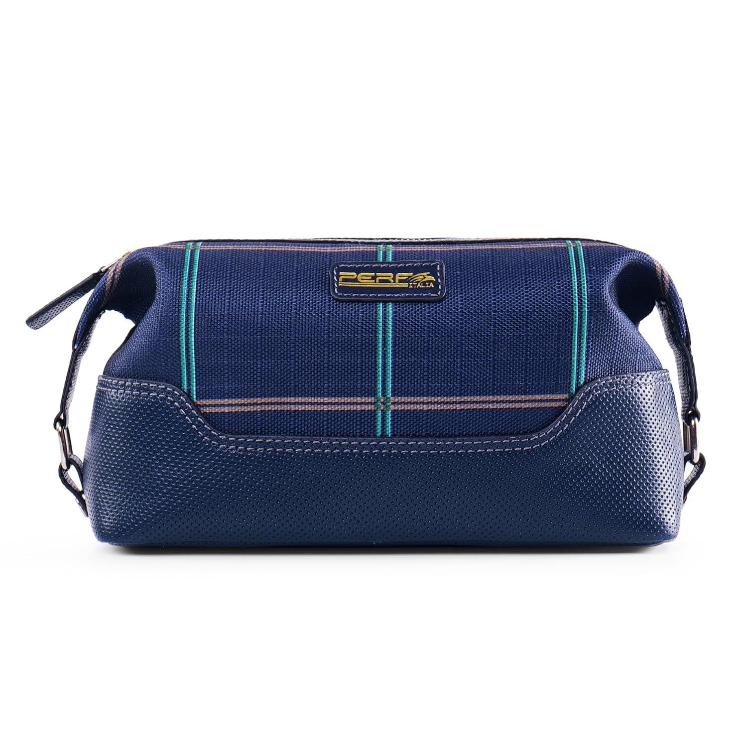 PERF Genuine Leather Travel Kit Bag | Unisex Toiletry Bag | Cosmetics Pouch for Women | Coated Nylon Punch Leather Pouch for Men & Women with Adjustable Side Loops & Grab Handle (CHK Navy/Navy Punch)