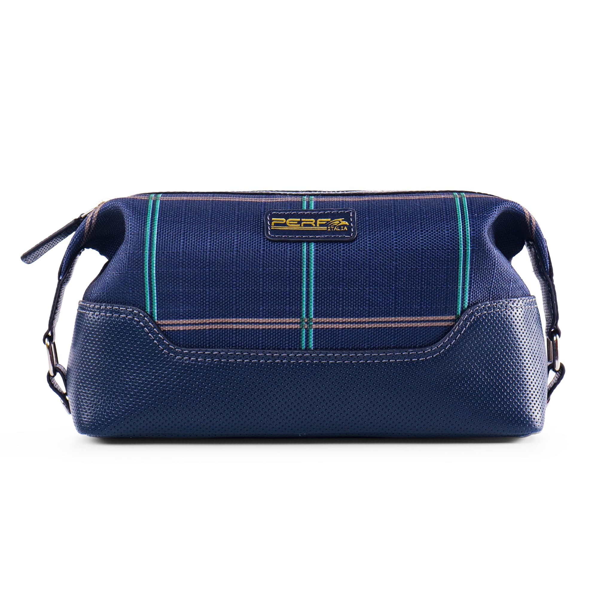 PERF Genuine Leather Travel Kit Bag | Unisex Toiletry Bag | Cosmetics Pouch for Women | Coated Nylon Punch Leather Pouch for Men & Women with Adjustable Side Loops & Grab Handle (CHK Navy/Navy Punch)
