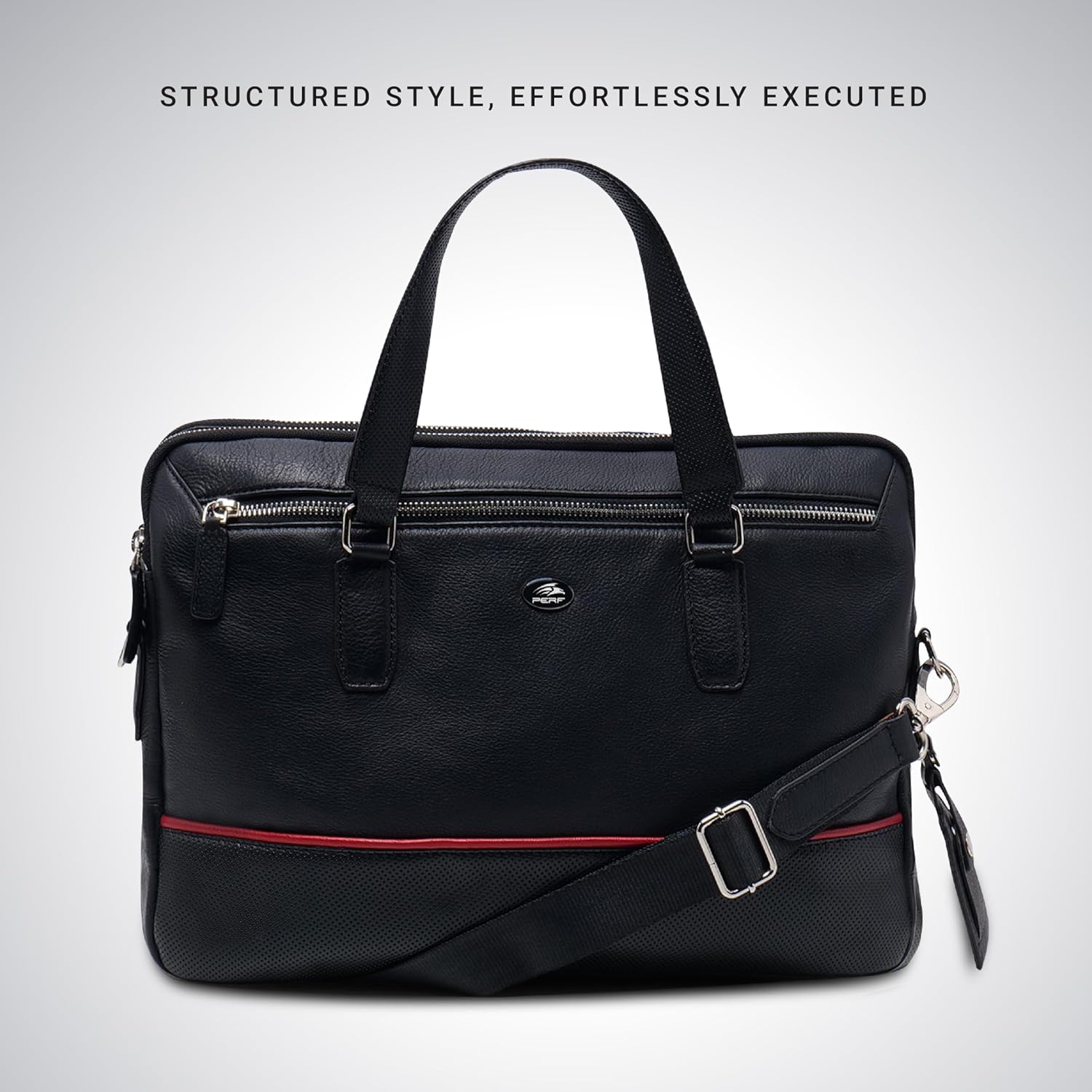 PERF Double Zip Briefcase Bag | Unisex Genuine Leather Office Laptop Bag | Sleek Business Handbag with Dual Compartments