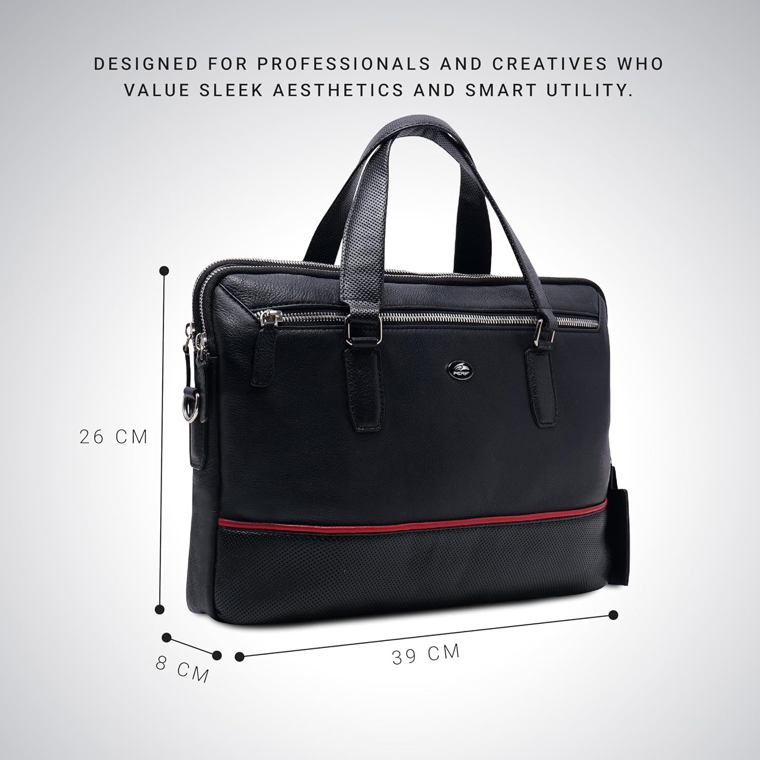 PERF Double Zip Briefcase Bag | Unisex Genuine Leather Office Laptop Bag | Sleek Business Handbag with Dual Compartments