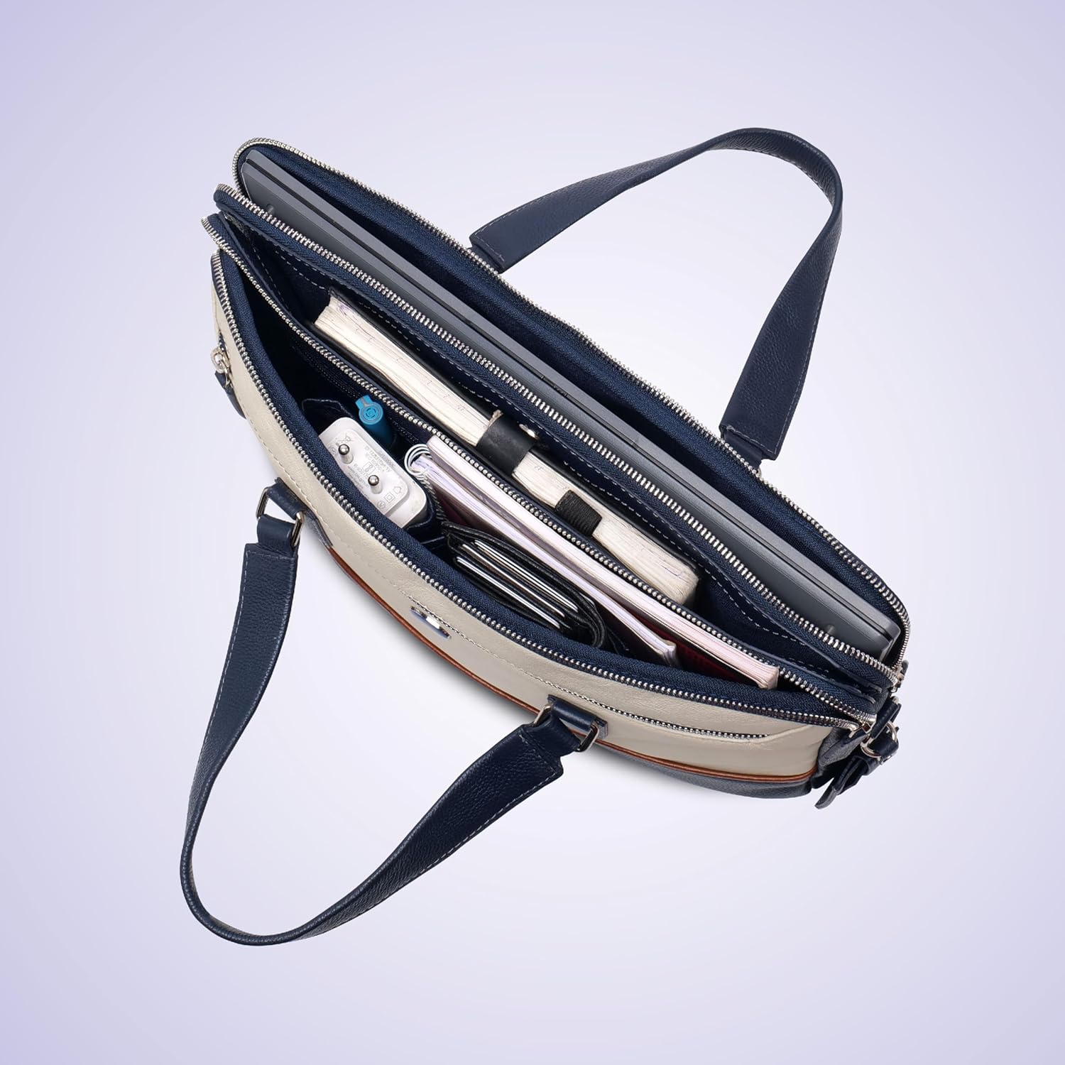 PERF Double Zip Briefcase Bag | Unisex Genuine Leather Office Laptop Bag | Sleek Business Handbag with Dual Compartments