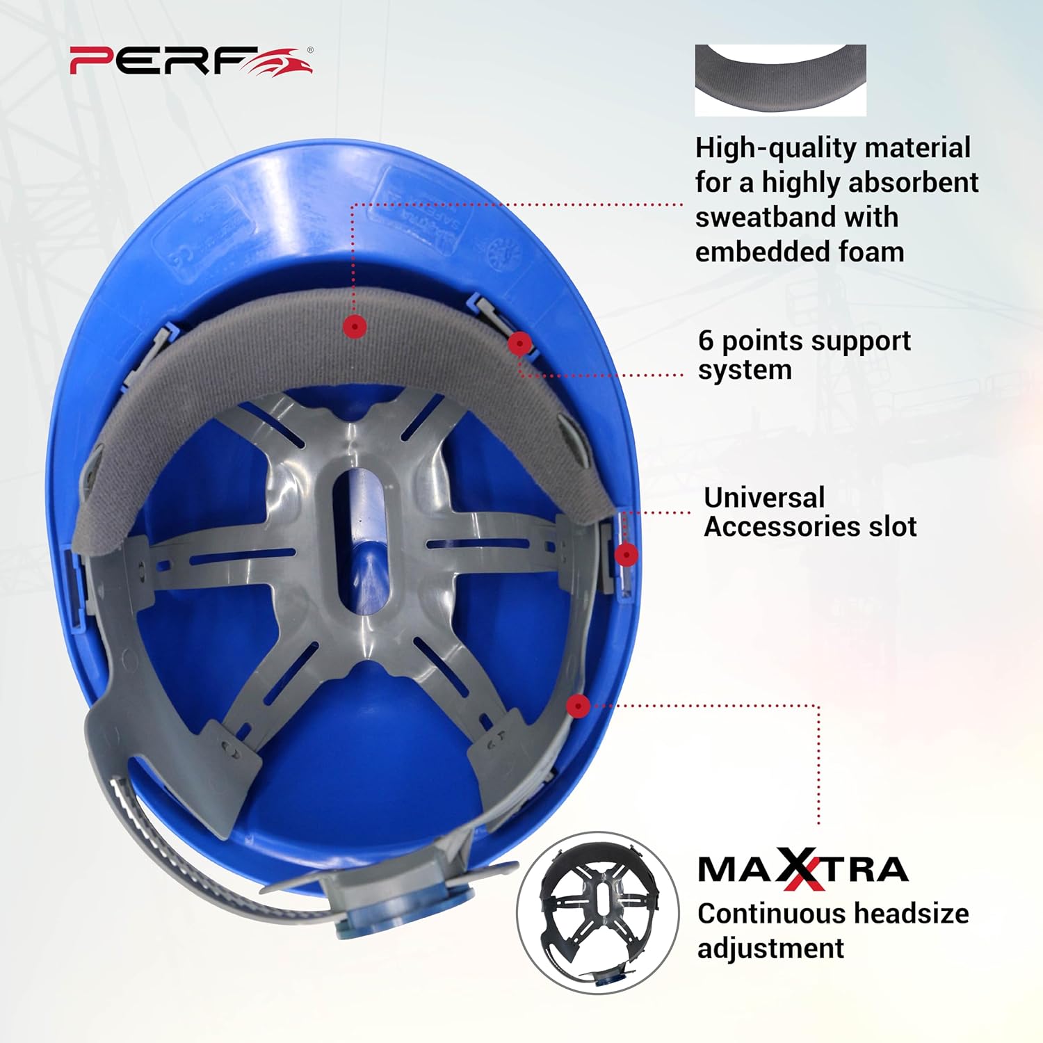 PERF Safety Helmet for Construction & Outdoor Work|Easy 3D Fitting System for Any Head Size|Lightweight|4-Point Support, Easy Impact Absorption Sweatband|Maxxtra|Blue